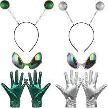 Alien Costume Accessories for Women 2 Pack, Green & Silver Alien Headband Glasses and Metallic Gloves Set for Halloween Cosplay Party