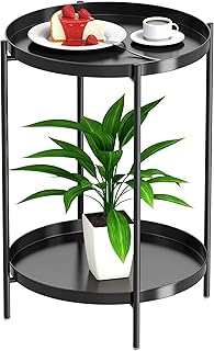 OVICAR Tray End Table - Metal Side Table 2 Tier Nightstand Round Accent Coffee Table Sofa Side Table Waterproof Indoor Outdoor Snack Table Removable Tray Table for Living Room Bedroom Office Black