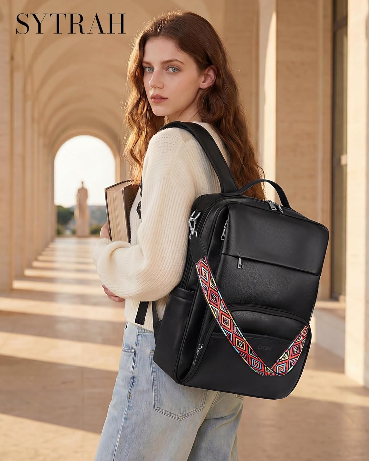 Leather Laptop Backpack, 15.6 Inch Business Computer Bag, Designer College Backpack Travel Backpack with Colorful Shoulder Bag Strap Black - Image 3