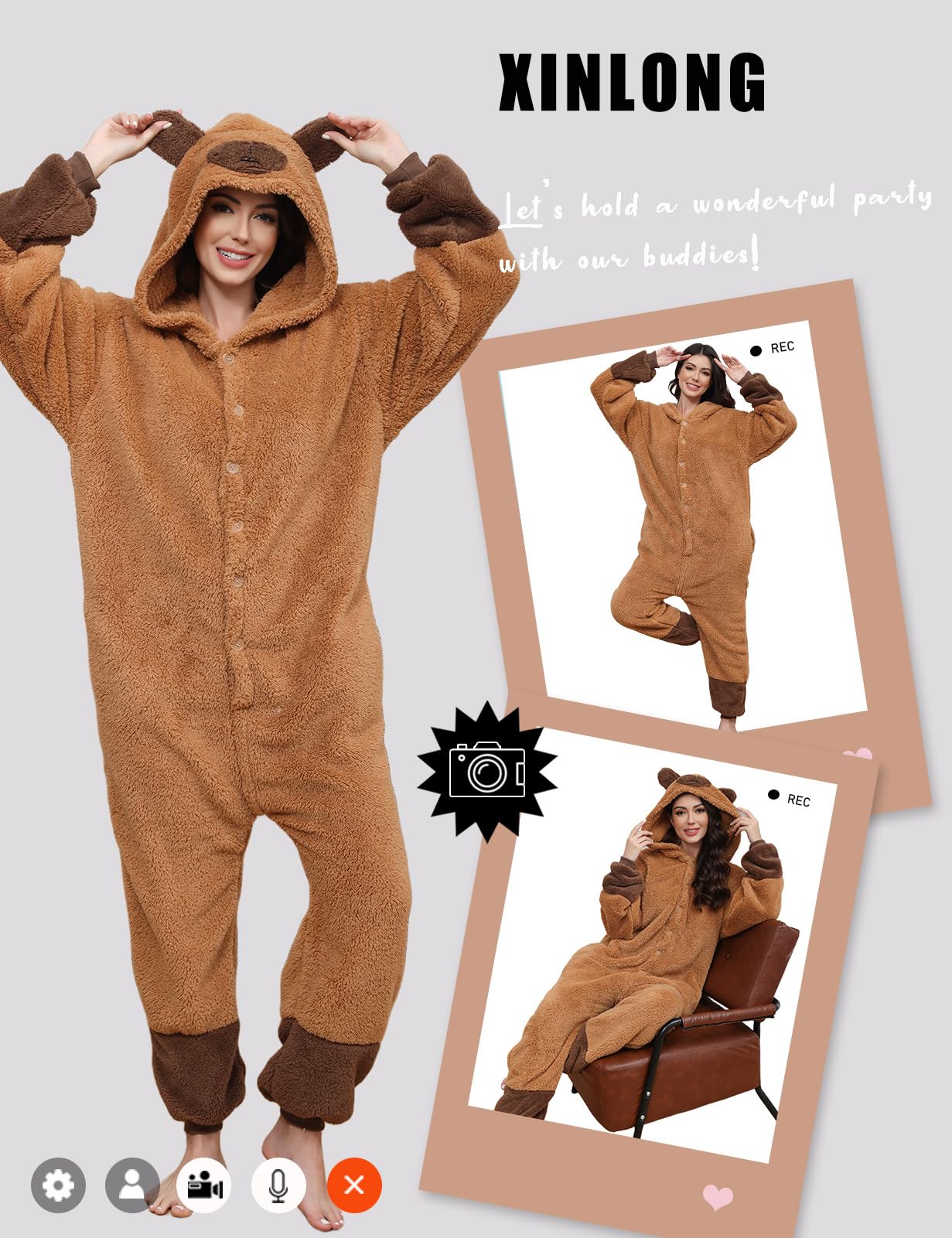 Xinlong Pijama Onesie Cosplay Animal Oversized Traje de Panda con Capucha Botones Ropa de Dormir Invierno Hombre Mujer Adulto para Party Carnaval Halloween Navidad