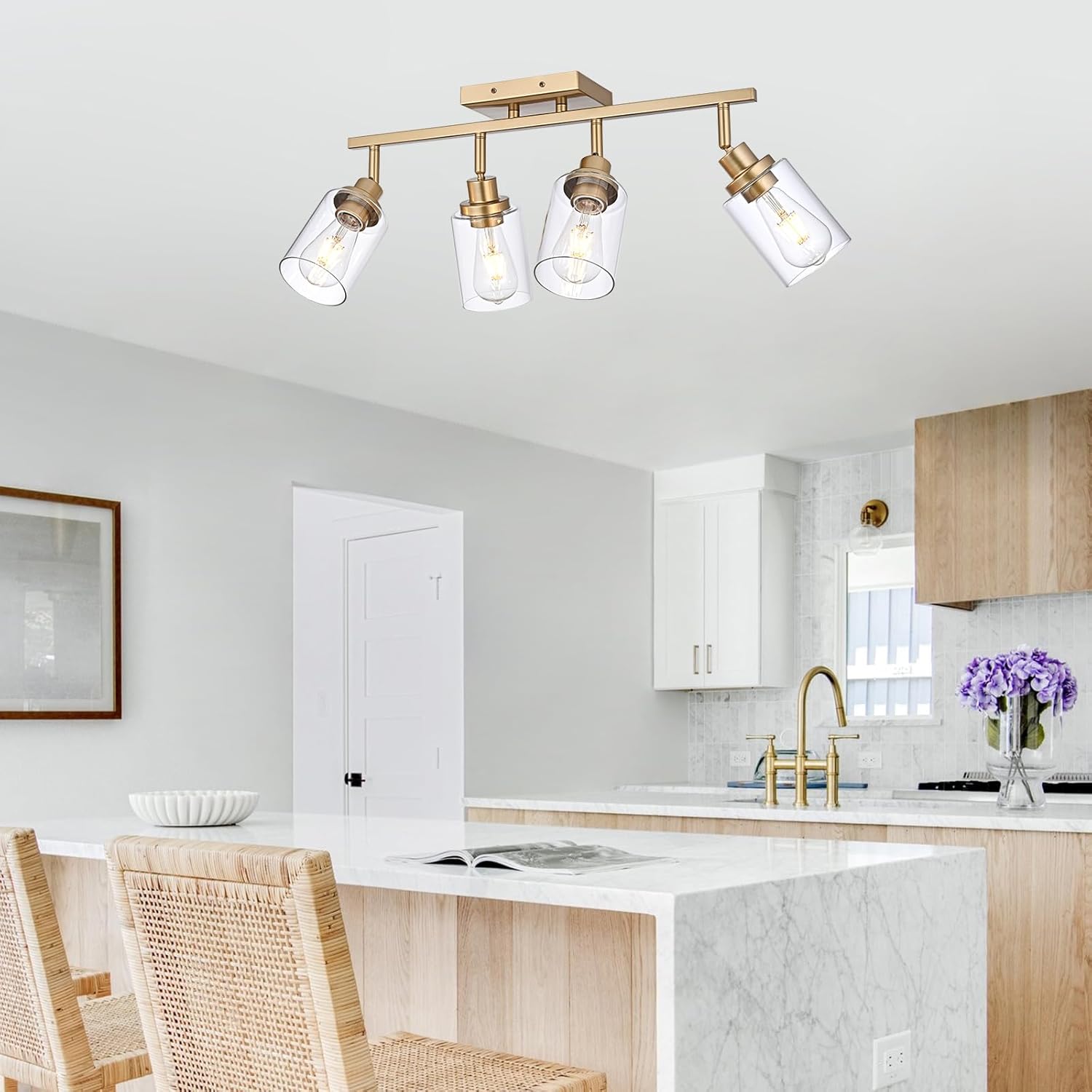 4-Light Gold Track Lighting Kits, Multi-Directional Rotating Kitchen Ceiling Tracking Light Fixture with Clear Glass, Modern Bathroom Ceiling Vanity Track Lights for Kitchen Island Accent Shop