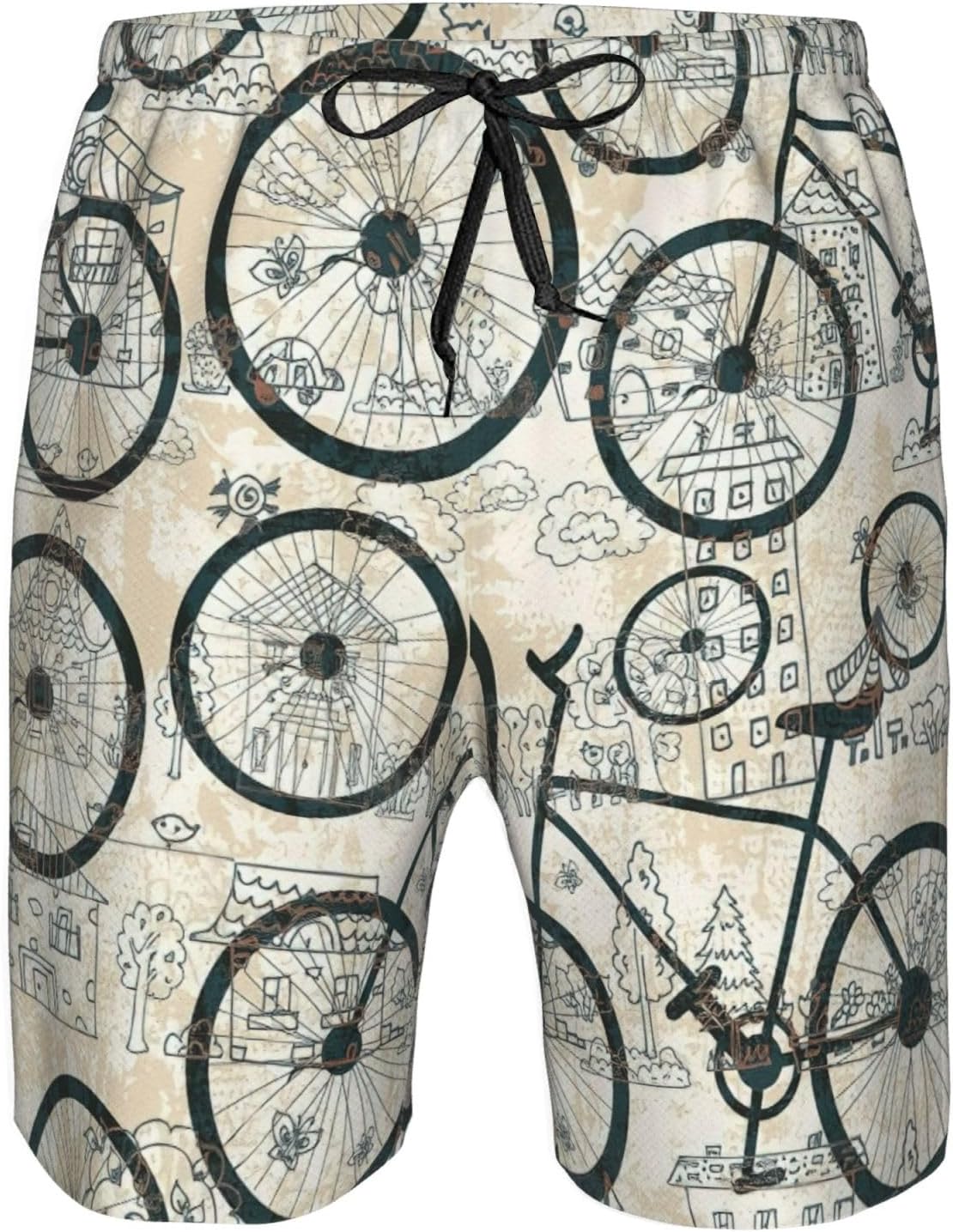 Retro Bicycle Print Men's Hawaiian Beach Shorts Elastic Novelty Summer Casual Shorts with Pocket