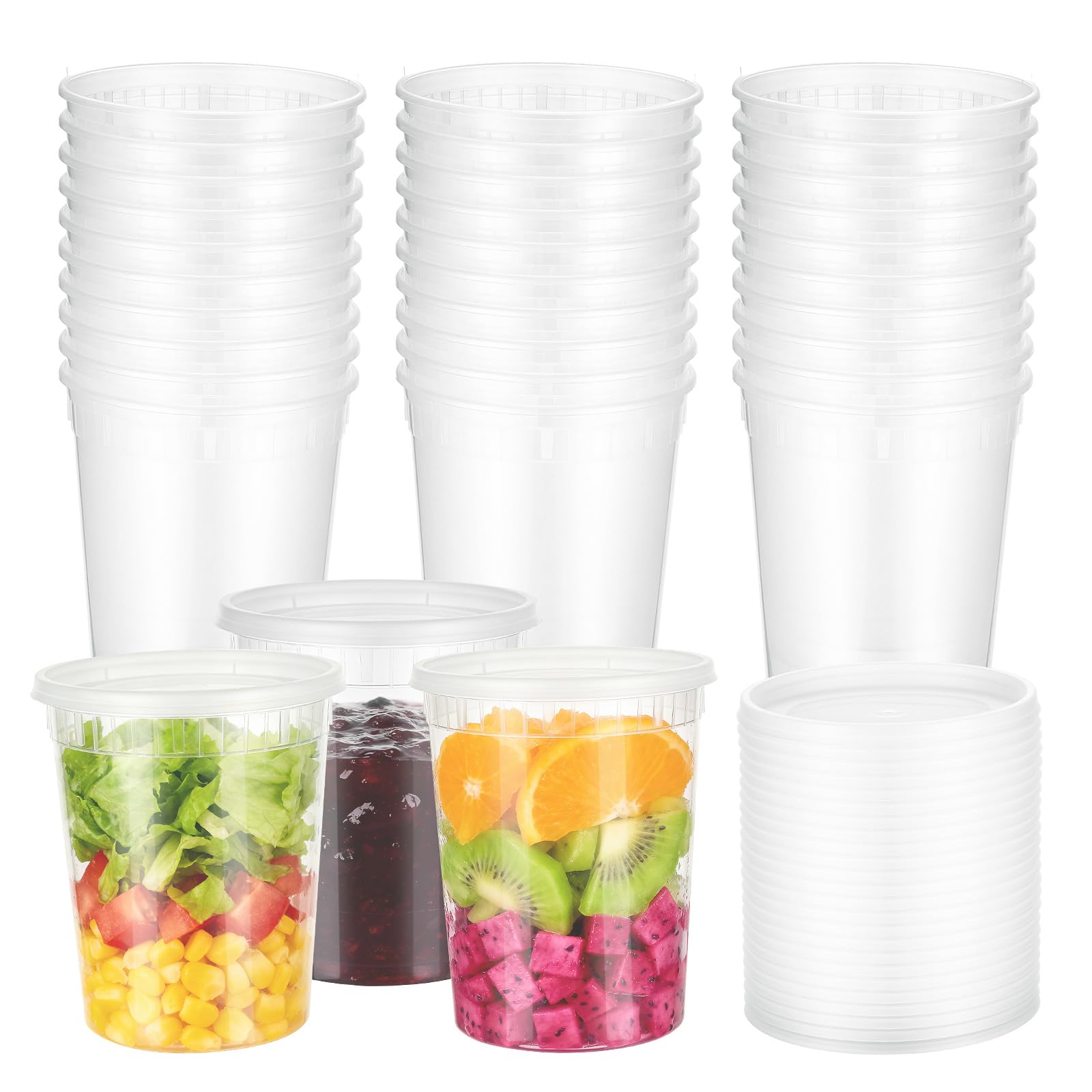 MICHIHOMIE 24 Pack Food Containers with Lids | 32oz/950ml Reusable Deli Containers | Clear Round Soup Containers for Meal Prep | BPA-Free, Leakproof | Microwave, Freezer, Dishwasher Safe