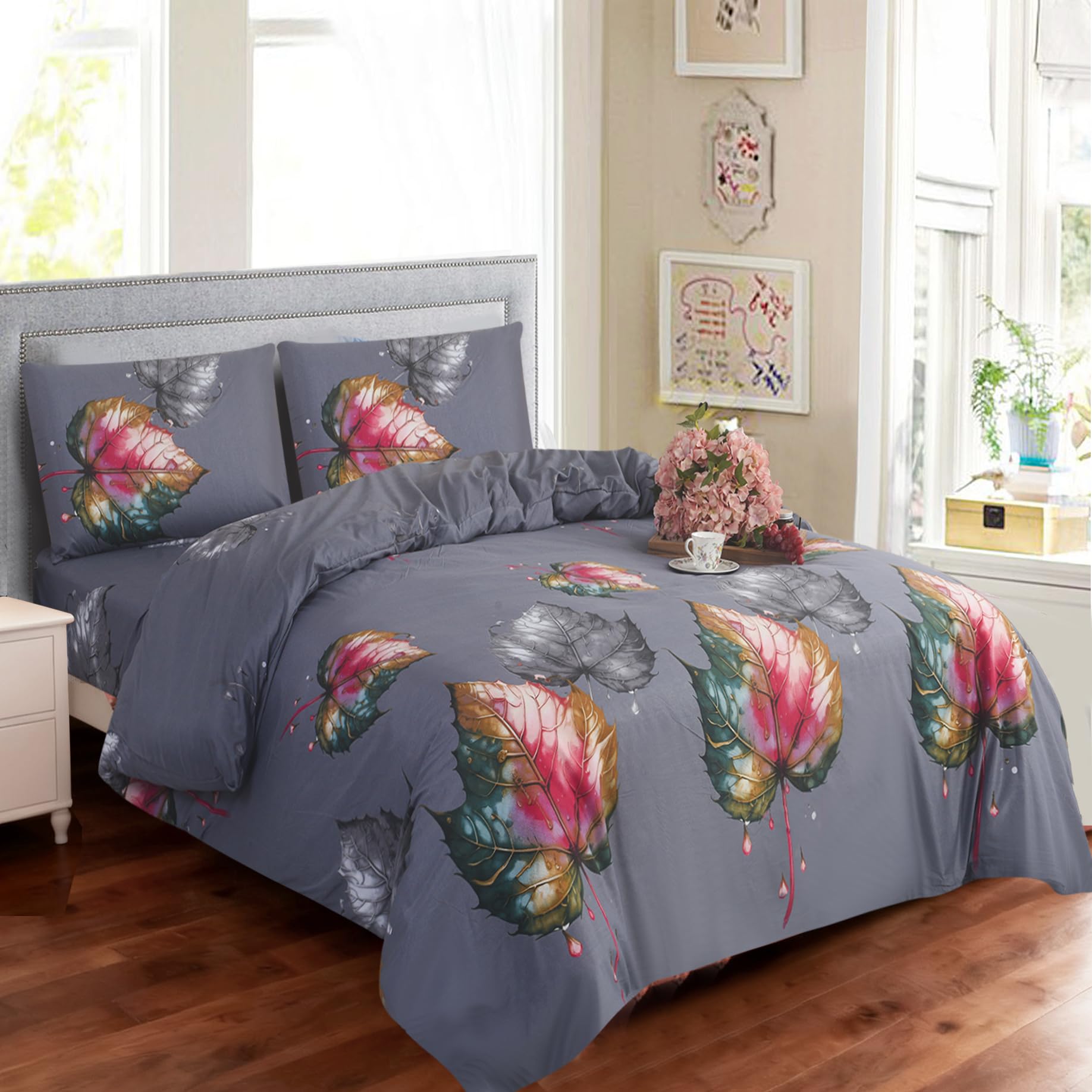 Hadi London Luxury 4 Piece Bedding Set – Duvet Cover, Fitted Sheet & 2 Pillowcases | Wrinkle-Free, Fade Resistant – Floral & Check Designs (Autumn Twilight 3D, SUP-KING) — image 1