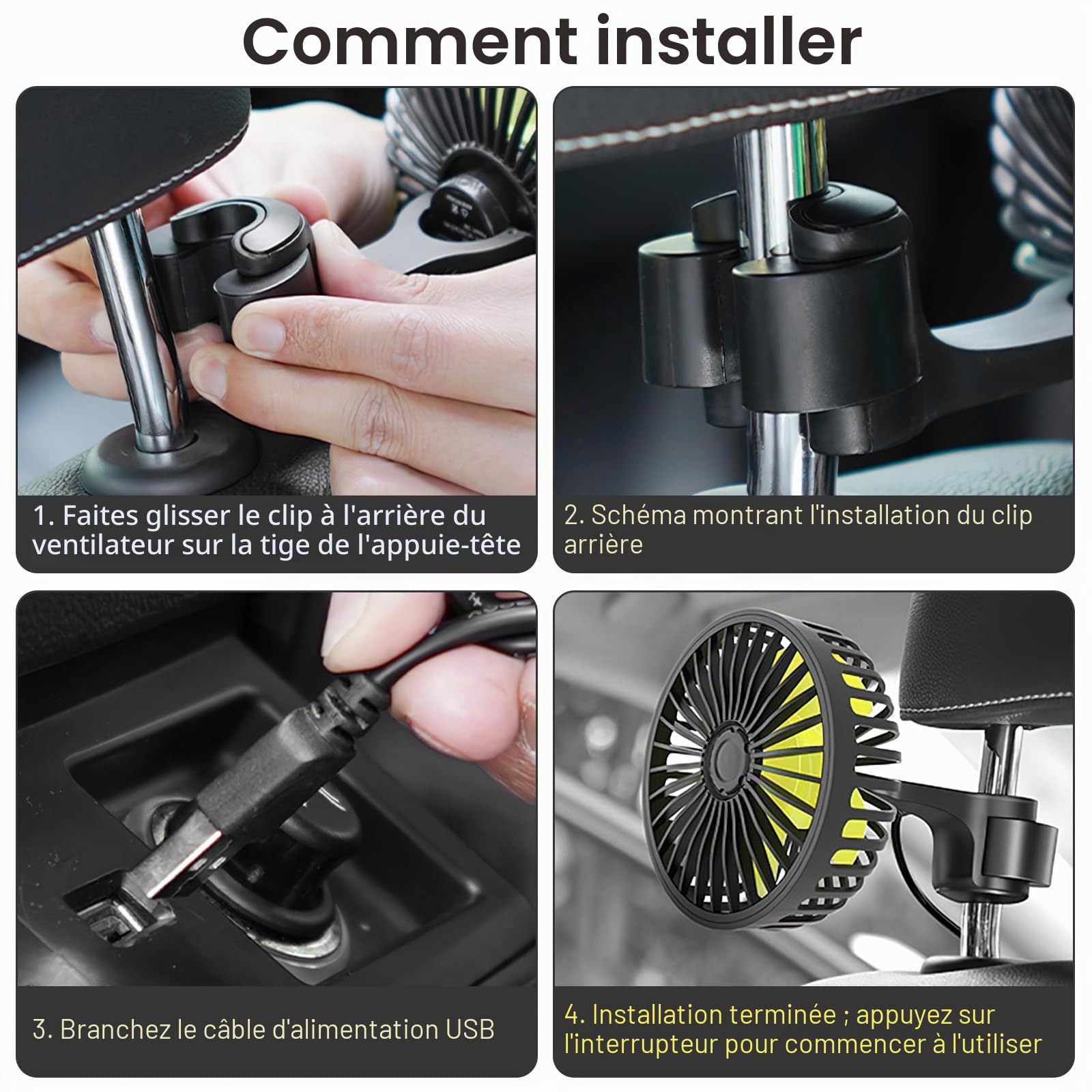Ventilateur de voiture USB, rotation 360°, 3 vitesses, ventilation USB pour siège arrière, mini ventilateur pour camion 12V, camping-car, bateau et caravane