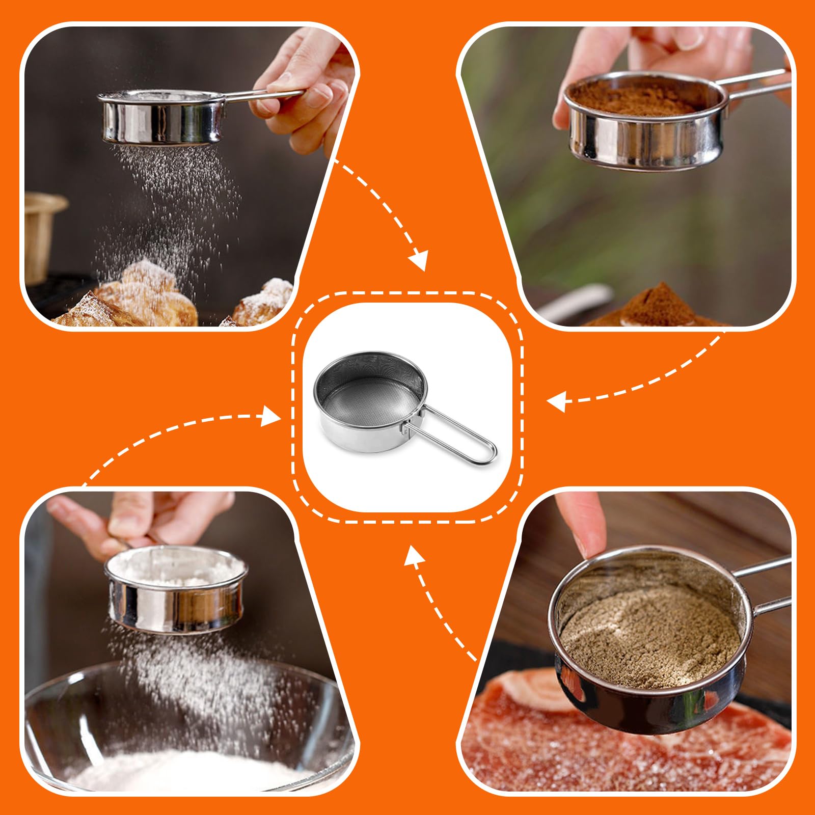 Tamiz de harina de acero inoxidable 3 en 1 para hornear, tamiz de 3 tazas para hornear, tamiz de harina para hornear pasteles, pasteles, magdalenas y postres, plumero de azúcar en polvo, con diseño de