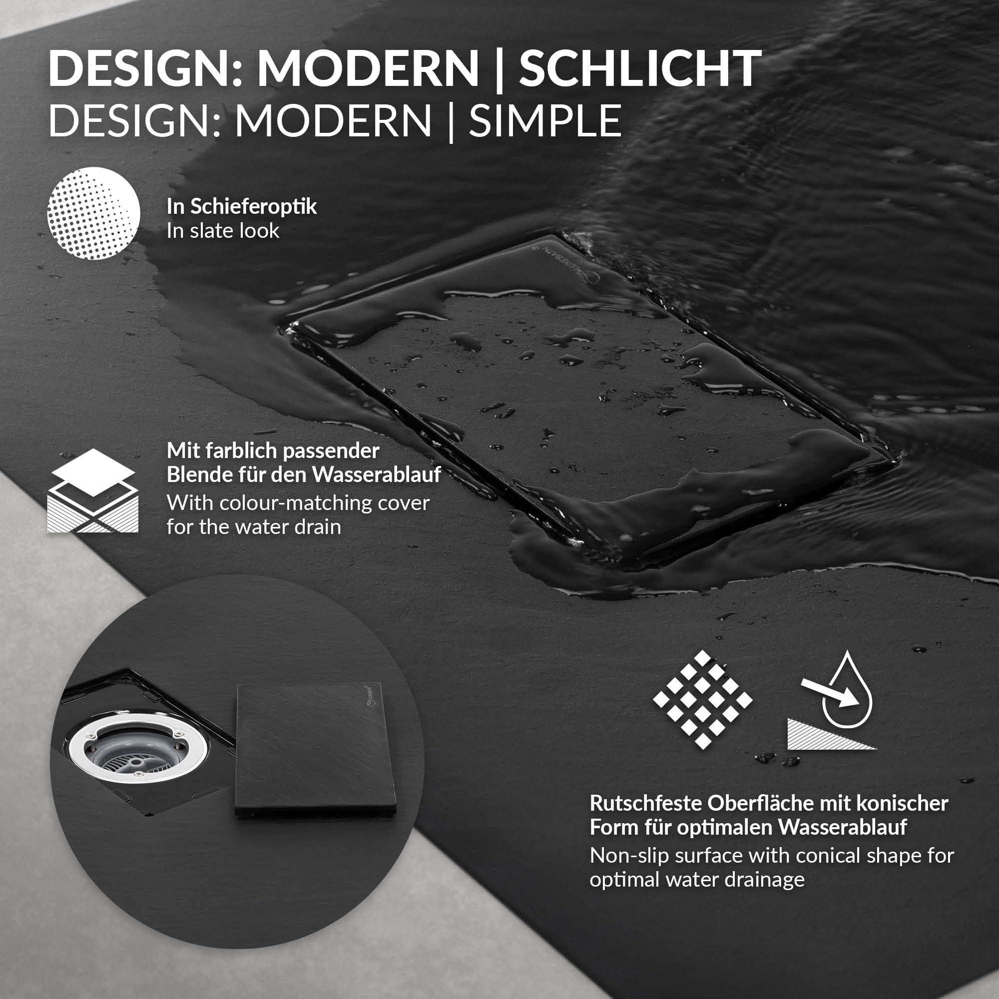 LuxeBath Plato de Ducha 80x80cm Negro, con Juego de Desagüe Base Rectangular con Superficie Antideslizante y Antibacteriano en Aspecto Pizarra Altura 30 mm SMC Extraplano y Robusto, Fácil Instalación