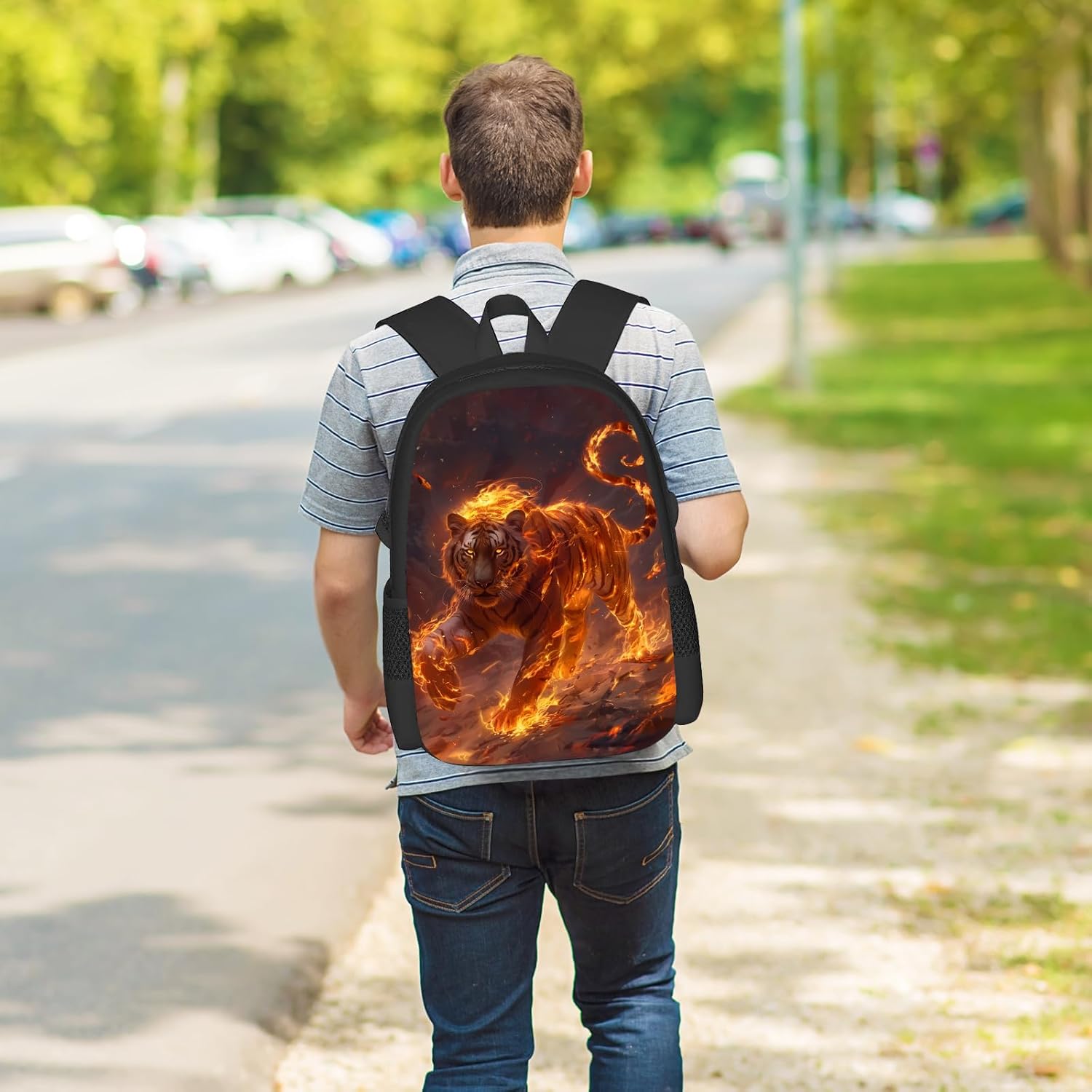 FREE LION Tiger Backpack for Kids Boys Girls, 17 Inch Cool Fire Tiger School Backpack, Animal Print Bookbag for Elementary Middle High School