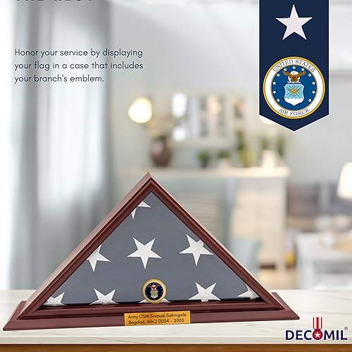 Miniatura 4 de DECOMIL Exhibidor de bandera de veteranos estadounidenses de 5 x 9, madera maciza, acabado cereza, base pequeña, montaje en pared, placa de nombre