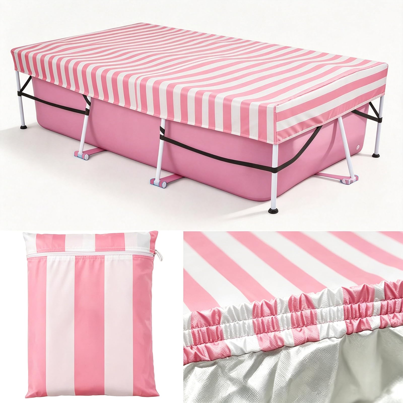 Copertura per piscina rettangolare fuori terra, copertura solare con elastico integrato e cinghia resistente, sedile fisso e facile montaggio, impedisce lo scivolamento, rosa bianco (220 x 150 cm)