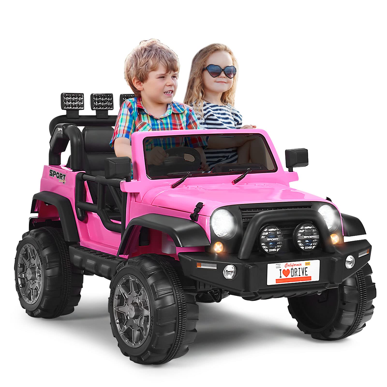 GOPLUS Coche Eléctrico para Niños, Batería 12V con 2 Plazas, Mando de 2,4 GHz a Distancia Música Faros, Puerta de Doble, Suspensión Amortiguadora, Velocidad Ajustable, Carga 50kg, 123x80x80, Rosa
