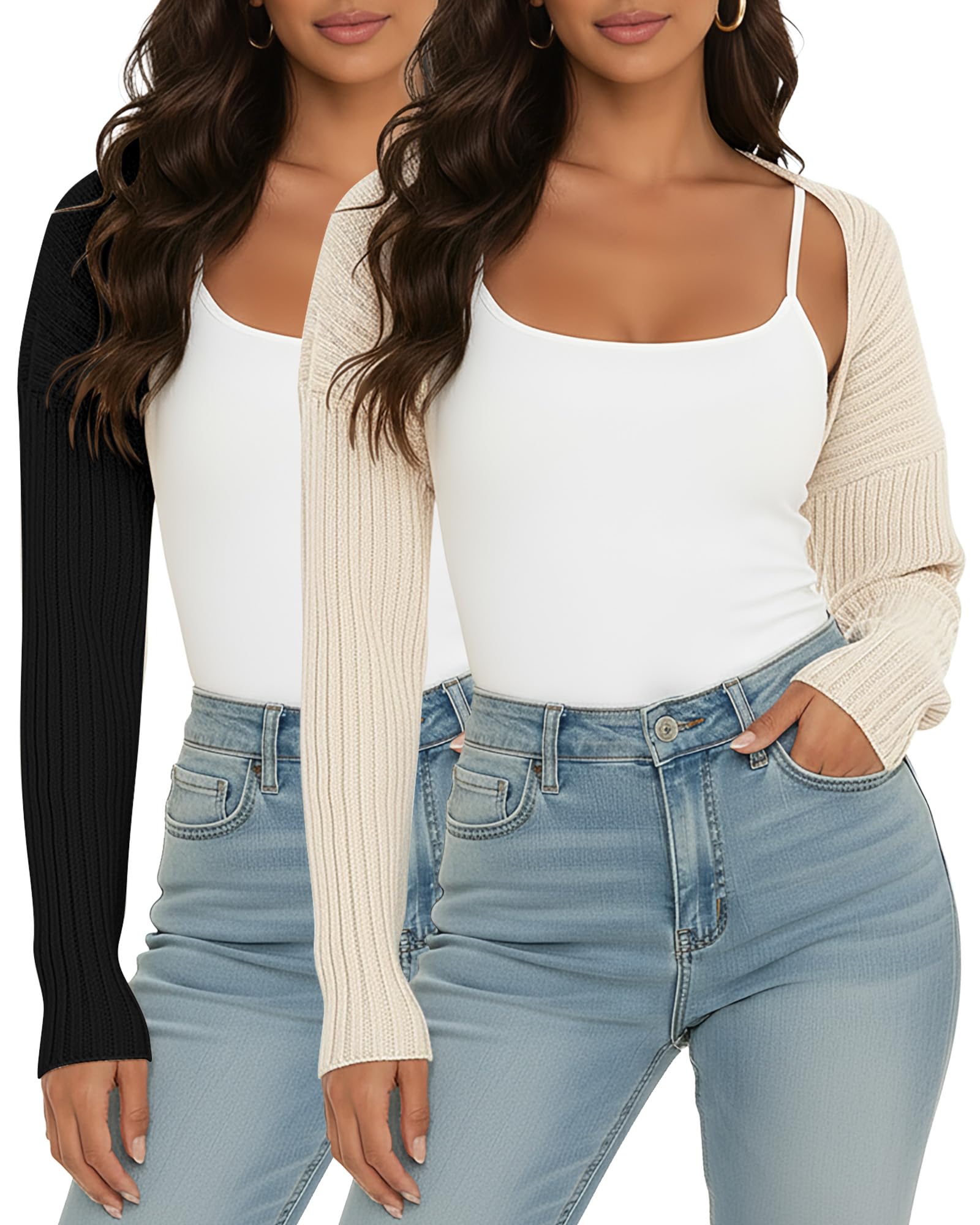 2 Pack Women Crop Cardigan Sweater Bolero Shrug Open Front Long Sleeve Shrug Knit Drop Shoulder Y2K Winter