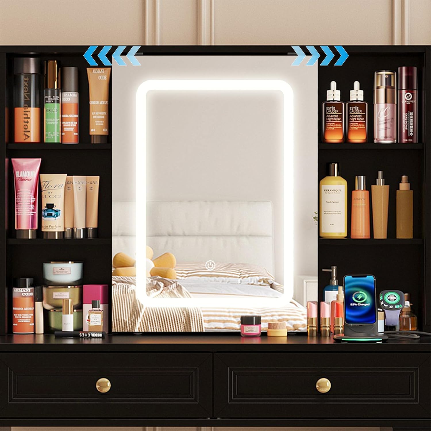 Large Black Vanity Desk with Sliding Mirror & Lights, Big 58.6" Makeup Vanity Table & Nightstand Combo with Power Outlet and 6 Drawers 15 Shelves with Light Strips for Bedroom