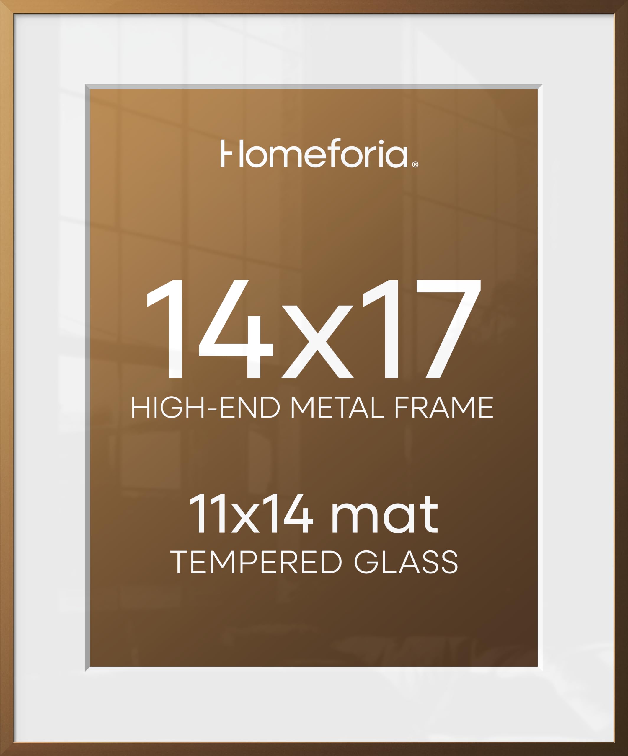 Homeforia 14x17 Bronze Picture Frame, High-End Metal, 11x14 Mat, Glass