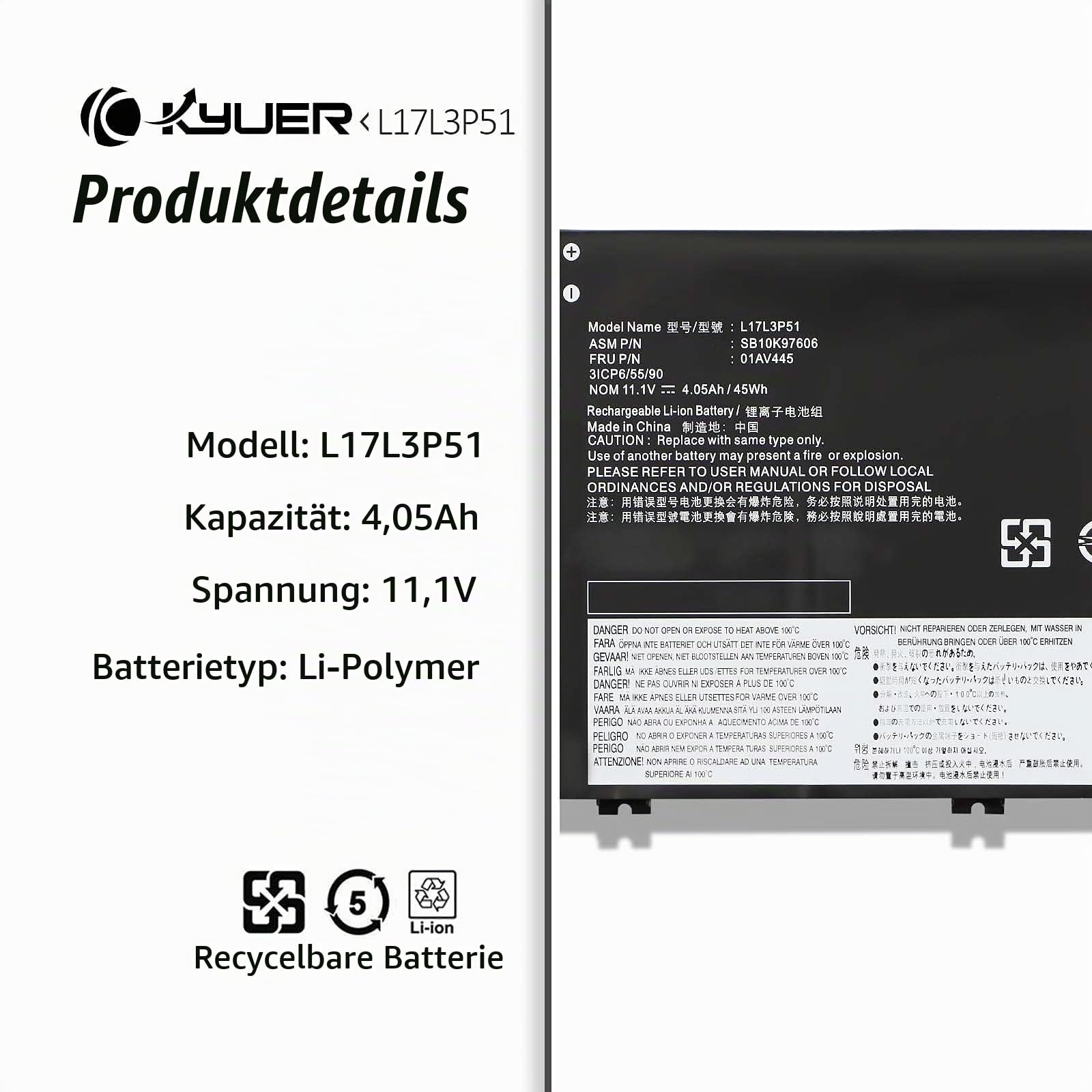 K KYUER 45Wh L17L3P51 L17C3P51 Laptop Akku für Lenovo ThinkPad E480 E485 E490 E495 E580 E585 E590 E595 E14 E15 01AV445 01AV446 01AV447 01AV448 L17M3P52 L17M3P51 SB10K97607 SB10K97608 SB10K97609 3-Cell