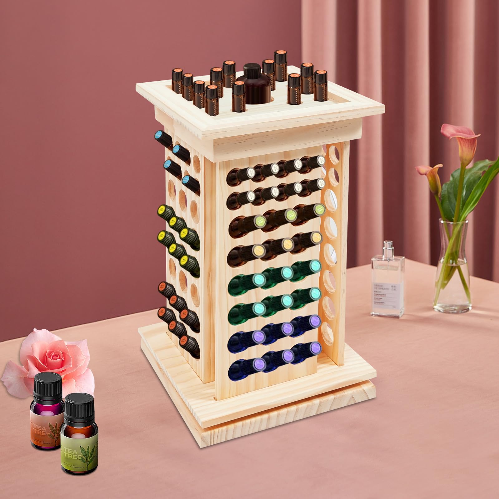 Organisateur rotatif en bois pour huiles essentielles, vernis à ongles, rouges à lèvres, cosmétiques, stain, papier d'essai de parfum avec 125 trous