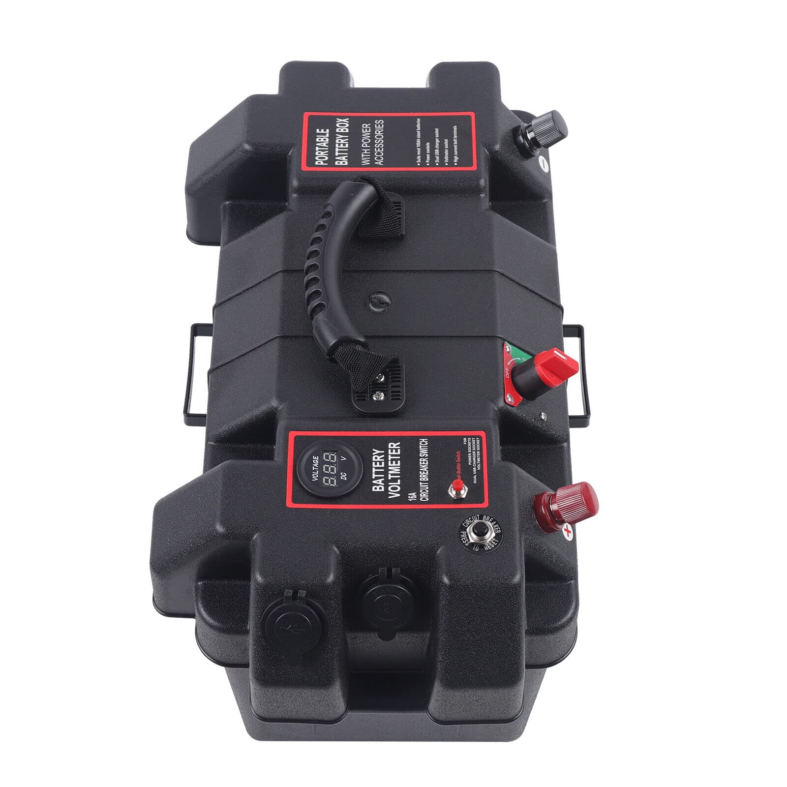 Caja de batería multifunción con dos puertos USB y control de voltaje en tiempo real para barco, caravana y camping, 1,1 kg, color negro