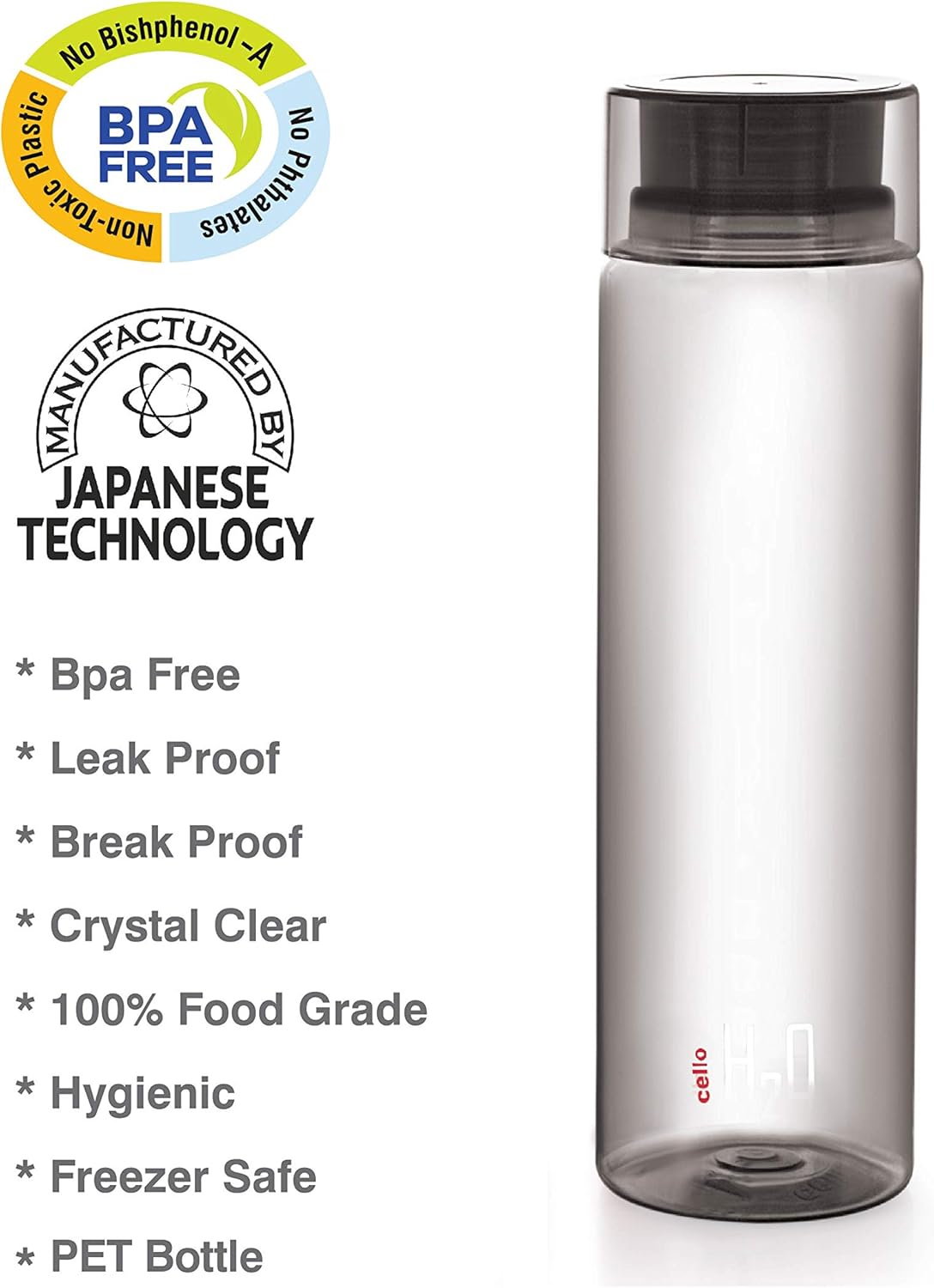 Cello H2O Round Unbreakable Plastic Water Bottle Premium Edition | Lid is sealed by a silicone ring | Leak proof & break-proof |Best Usage for Office/School/College/Gym/Picnic/Home/Fridge | 1 Liter |
