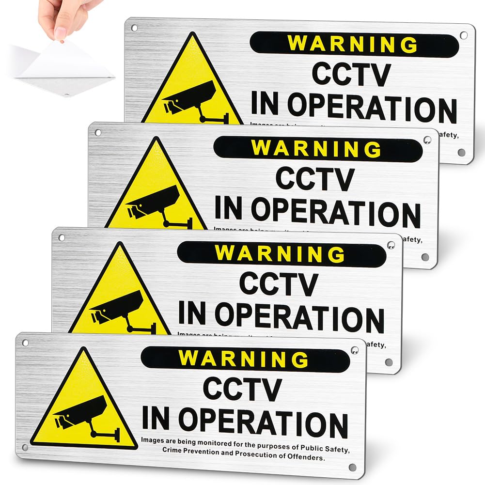AOOWU Aluminium CCTV in Operation Sign, 25cm x 9cm CCTV Signs, 4 Pack Pre-drilled & Self-Adhesive CCTV in Operation Sign, CCTV Warning Signs, Camera Signs Outdoor for Home, Office, Store, Warehouse
