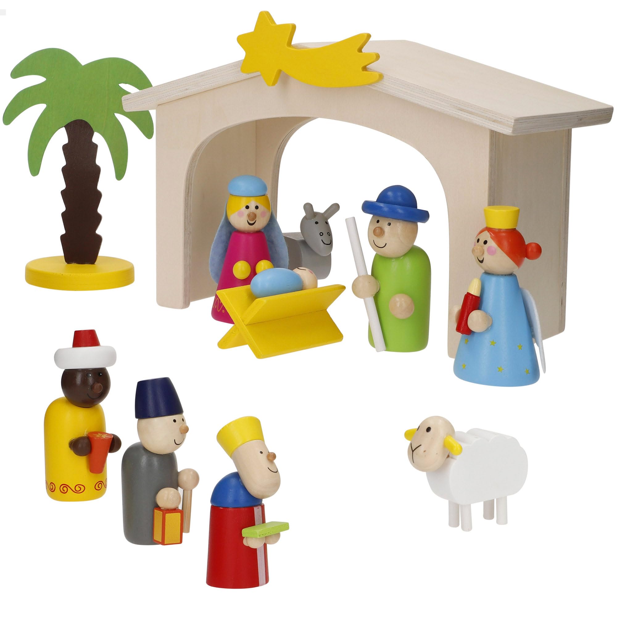 WOOMAX 33045 Belén de Madera para niños, 11 Figuras, Pesebre Infantil Navidad, Portal de Belén fácil de Montar y Desmontar, Reyes Magos, Juguete para niños +3 años, Decoración navideña