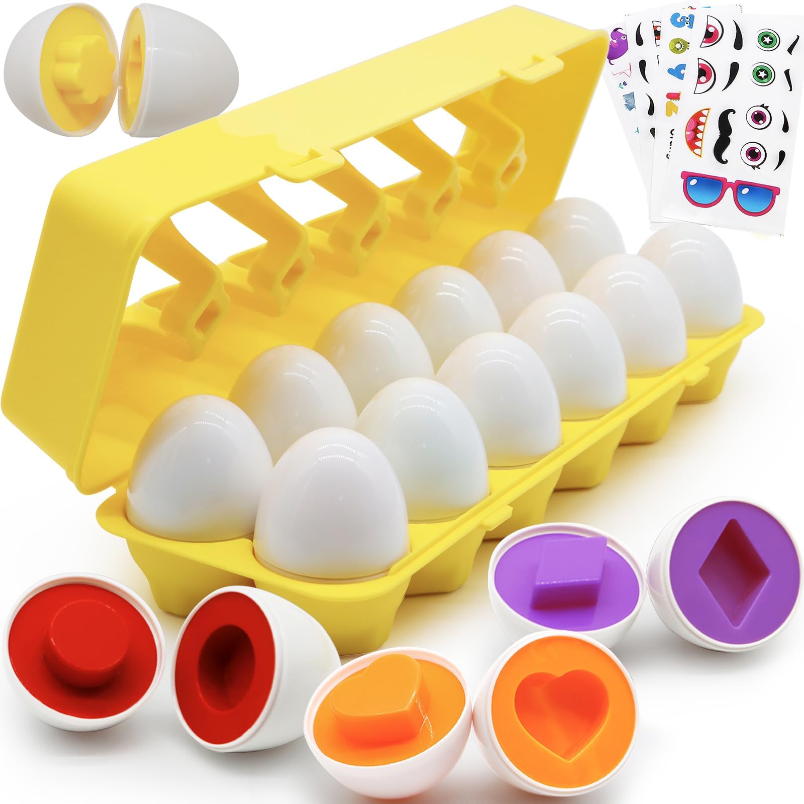 12 Pcs Plastic Easter Eggs Toys for Toddlers 1-3, Shape Sorter Puzzle Montessori Toys Color Matching Game Learning Activities Baby Easter Basket Stuffers Gifts for Kids 1 2 3 Year Old Girl Boy, Yellow