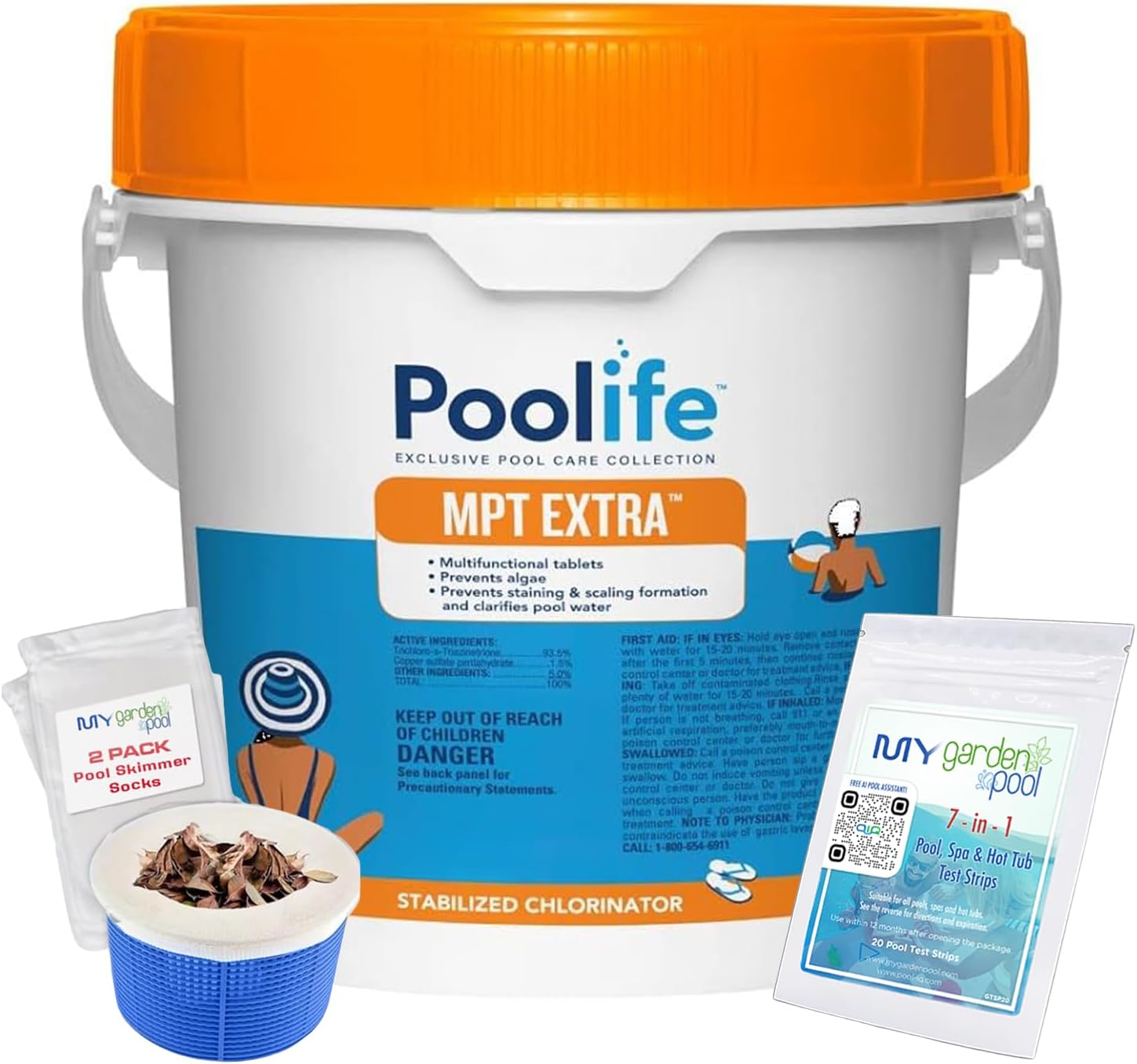 Poolife MPT Extra 4 lb – 3-in-1 Chlorine Tablets for Complete Pool Care – Sanitizes, Clarifies & Prevents Algae – Includes 2 Scum Socks and 7-in-1 Test Strips