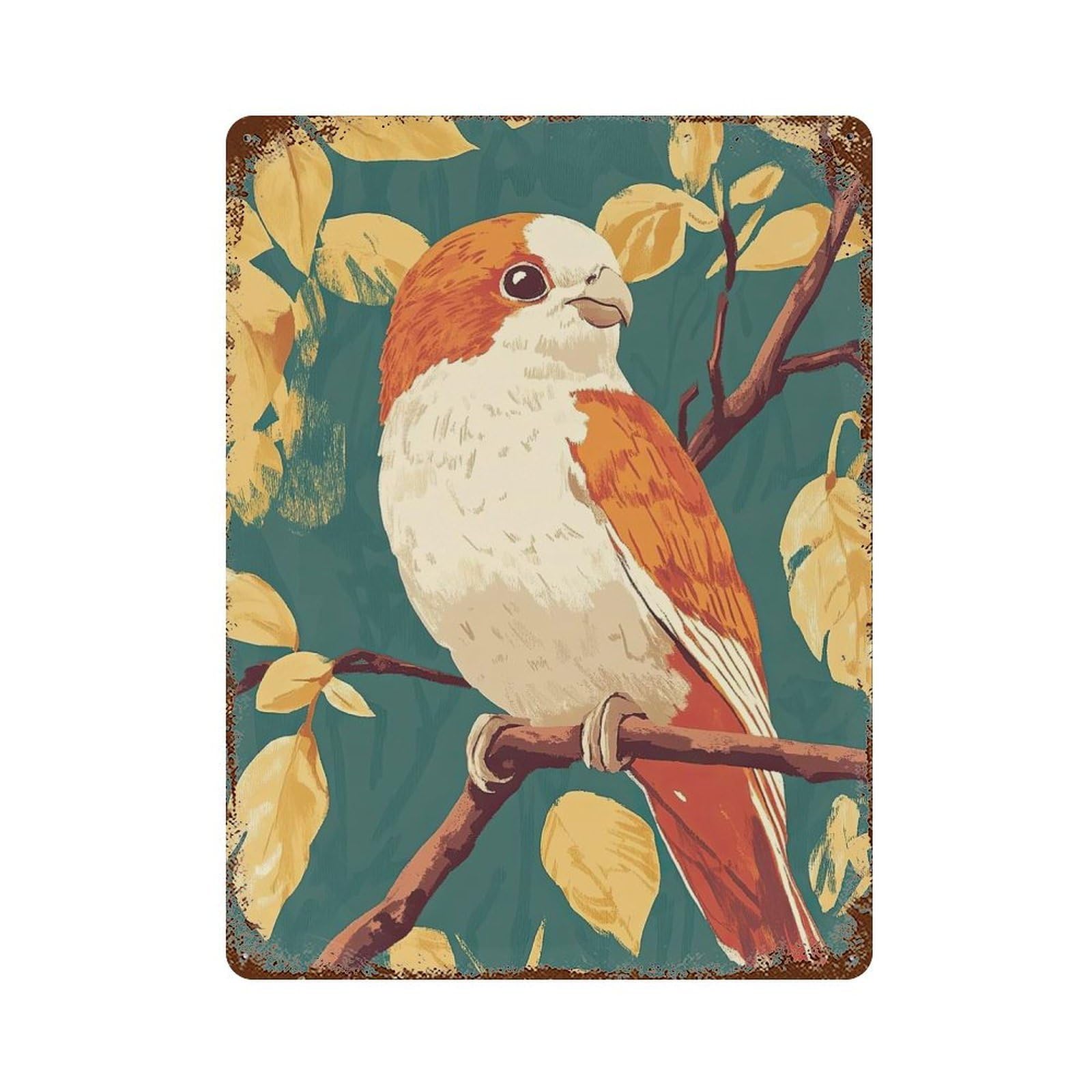 Orange And White Bird on Branch Rusty Metal Tin Sign 15.7"x11.8", Farmhouse Wall Decor for Farmhouse, Kitchen And Entryway Decor