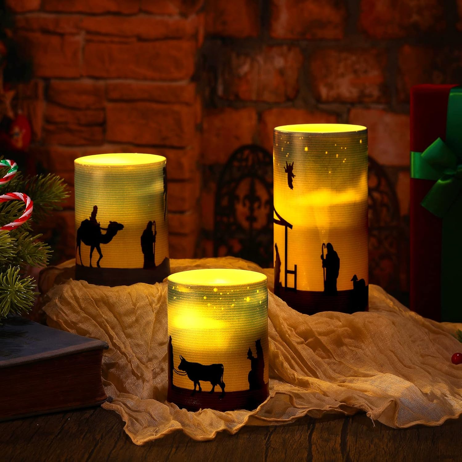 Kingdder 3 Pieces LED Flameless Christmas Nativity Scene