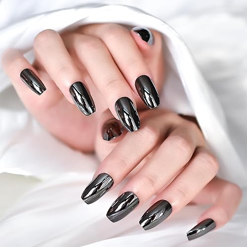 iMABC 24 uñas postizas de espejo metálico cromado plateado negro ataúd uñas a presión cortas de longitud media brillo acrílico acrílico cubierta