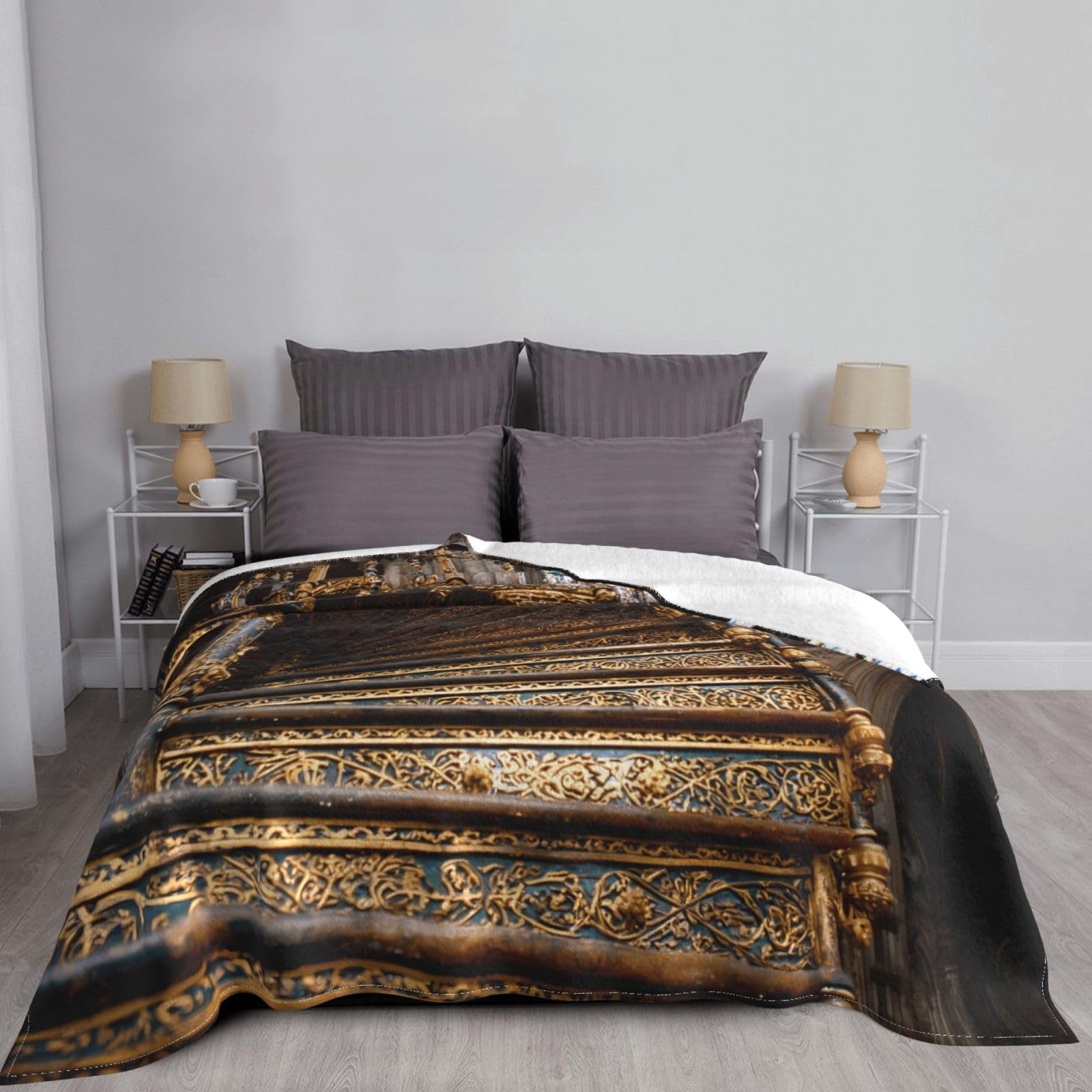 Manta de viaje portátil de 80 x 60 pulgadas, suave, resistente a las arrugas, plegable, exquisita impresión de escaleras doradas