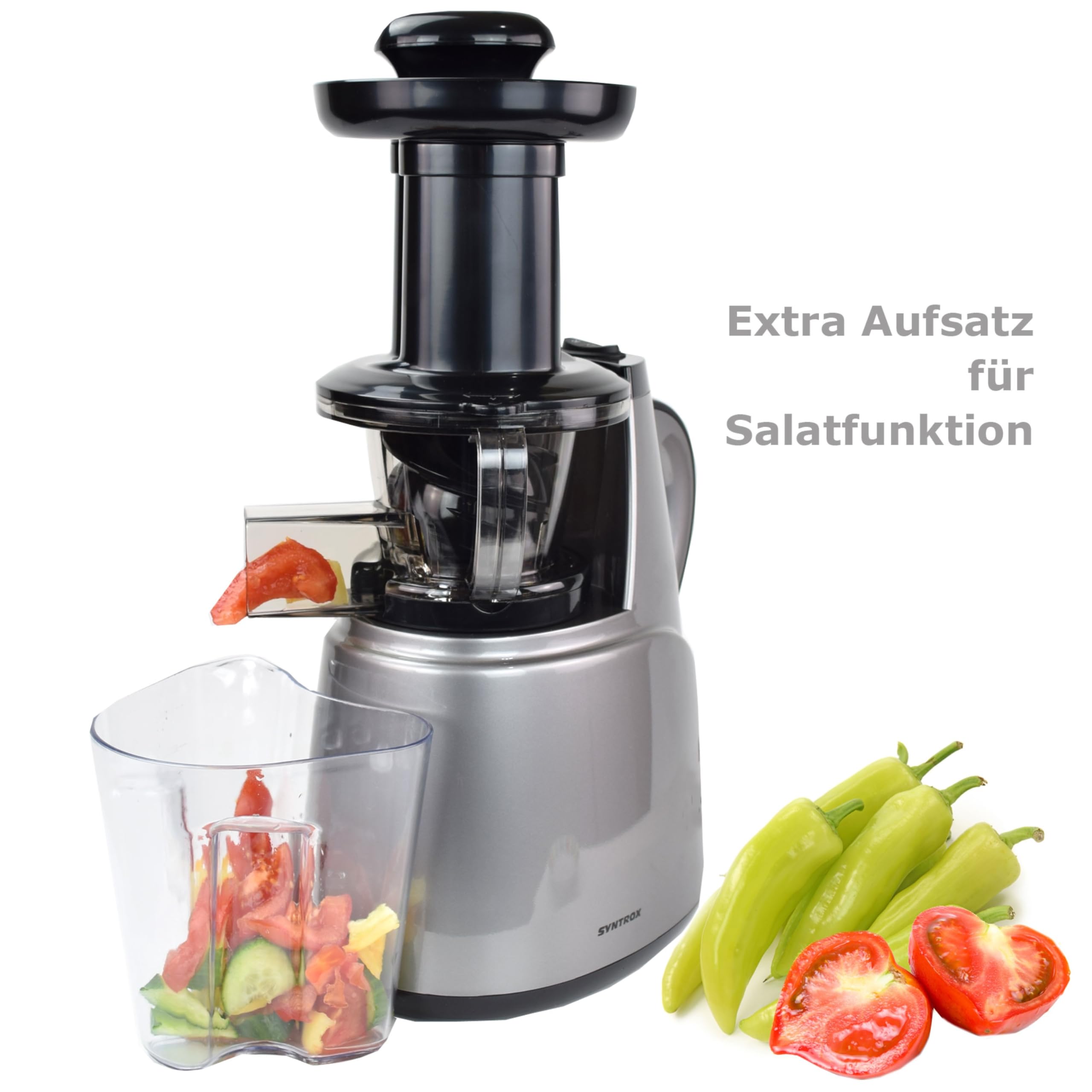 Syntrox Slow Juicer Quirzo | kleiner | kalt | langsam | Entsafter | Saftpresse, mit Aufsätzen, für Obst und Gemüse, 45 U/min, Küchengeräte, Schwarz-Silber