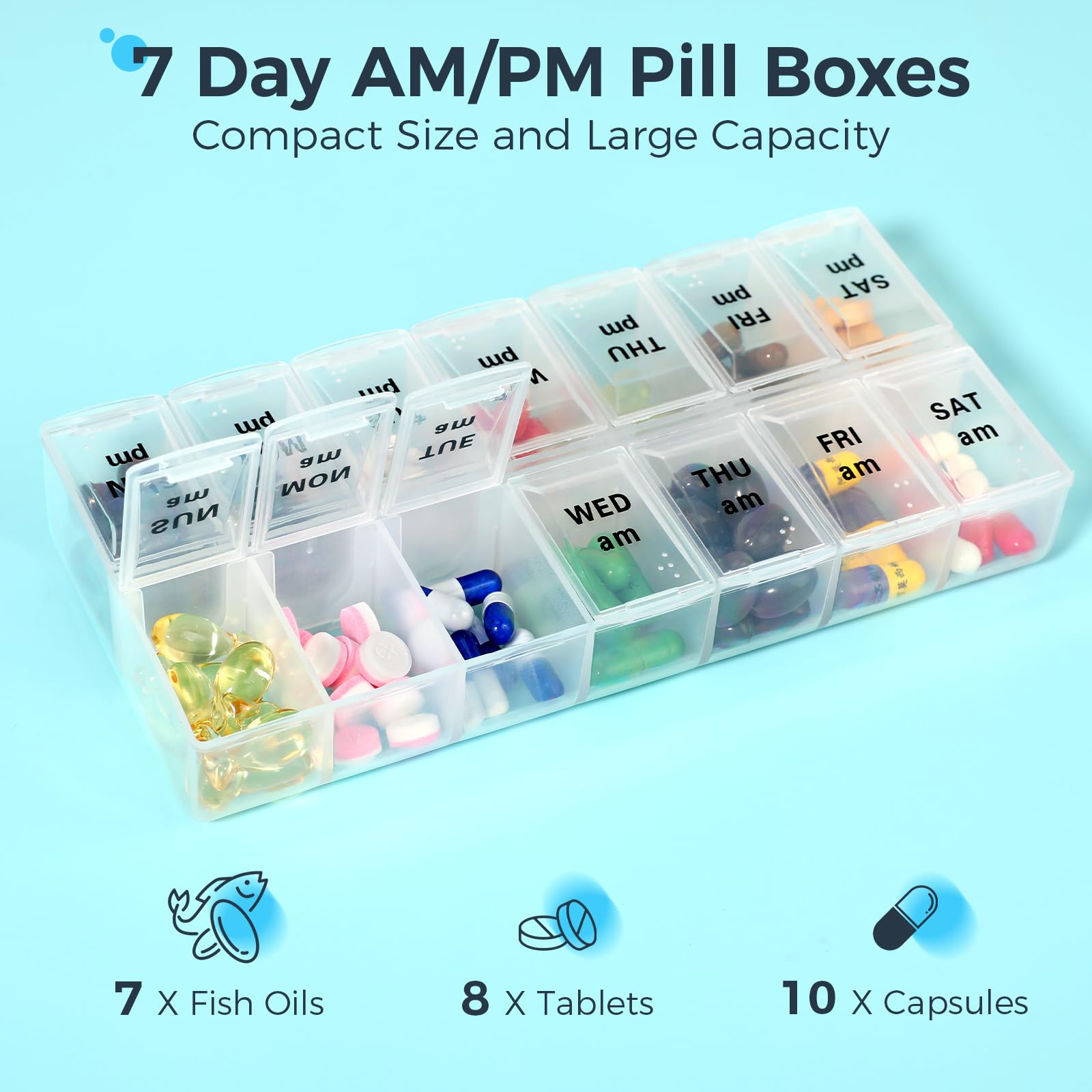 Pillendose mit Griff, 2-mal täglich, Reise-Pillendose für 7 Tage, mit großer Öffnung, Pillendose mit Griff, Pillendosierer für Vitamine, Fischöle, Medikamente, Nahrungsergänzungsmittel (schwarz, groß)