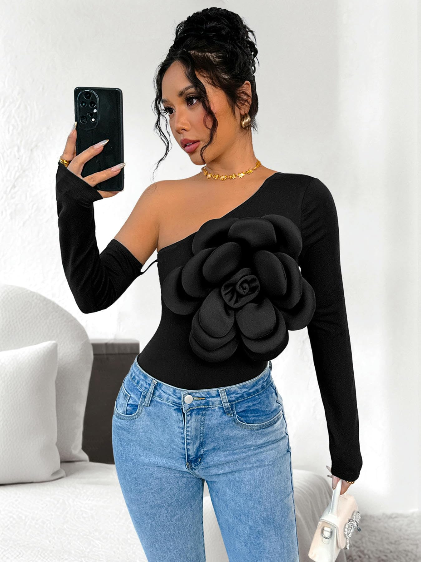 Damskie body na jedno ramię slim fit czarny kombinezon z długim rękawem pogrubiony wzór kwiatowy stereo