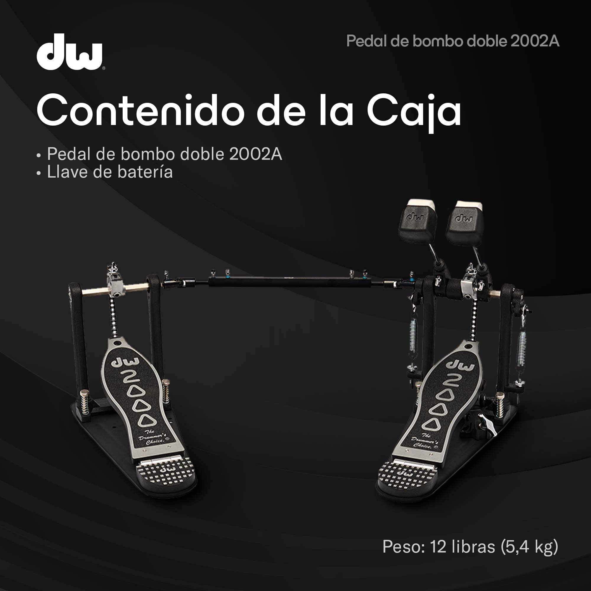 DW 2002A | Pedal de doble bombo serie 2000 | Perfecto para baterías de cualquier nivel | Robusta estructura íntegra de metal con sistema de transmisión Accelerator de cadena simple