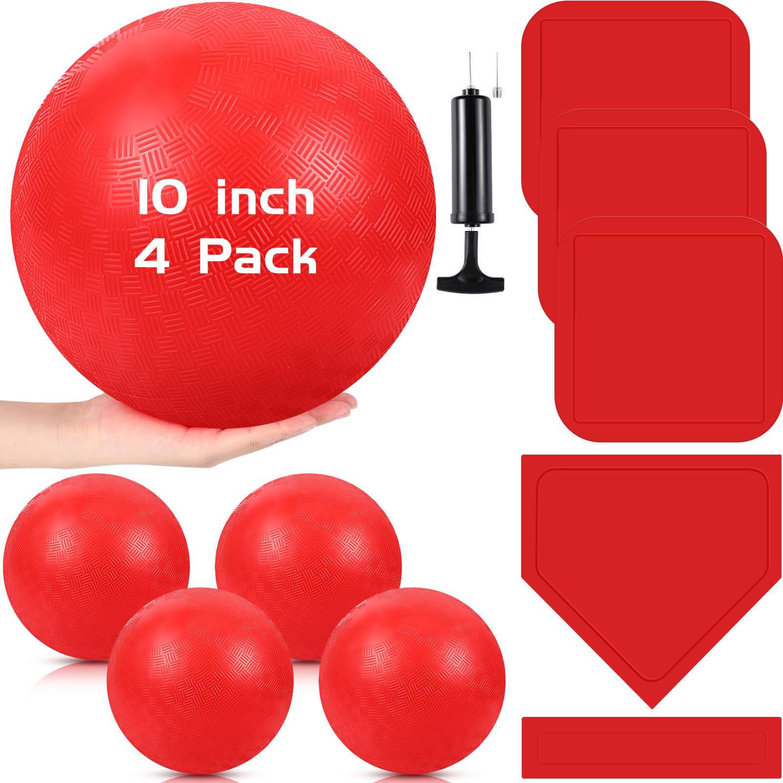 Hiboom 10 Pcs Kickball Set Includes 10 Inches Dodgeball Playground Balls 5 Rubber Throw Down Bases Needles and Ball Pump for Boys Girls Adults