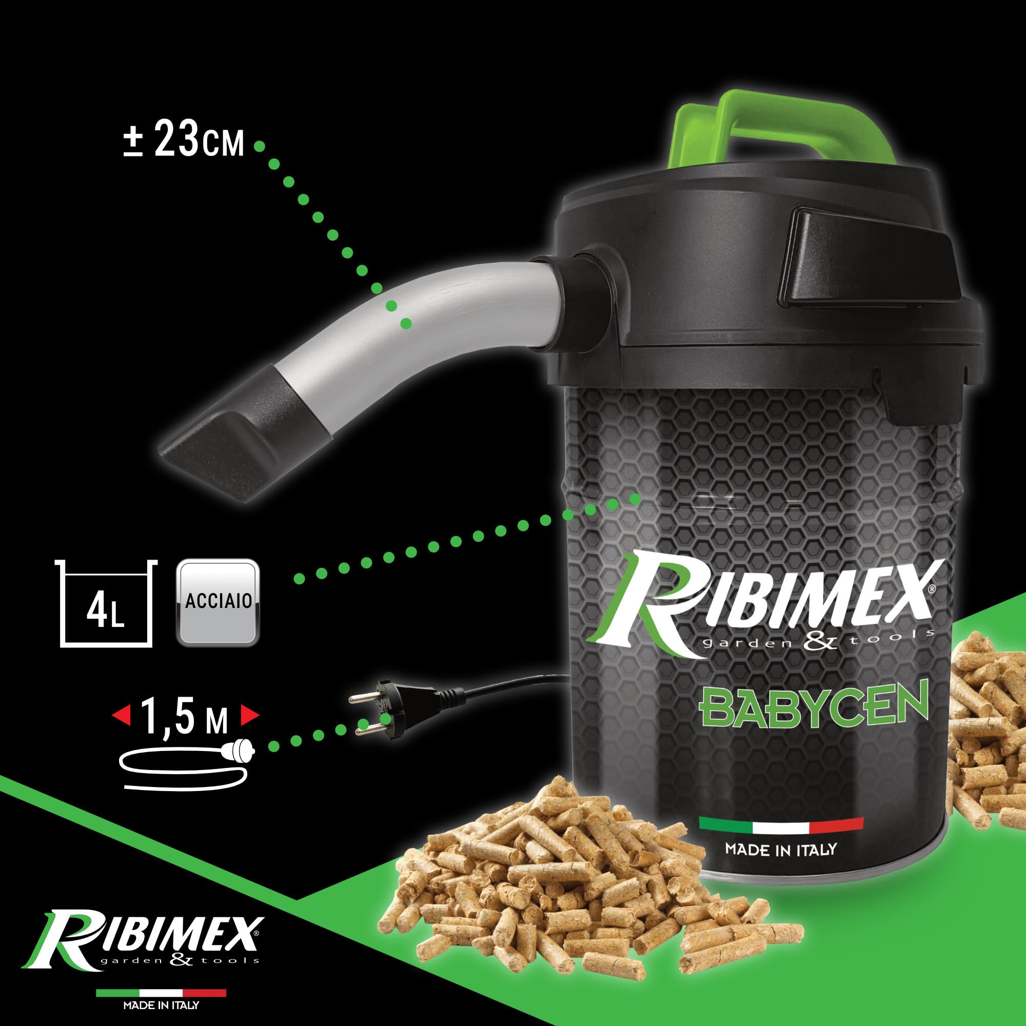 Ribimex Aspiracenere Elettrico Babycen, con Filtro HEPA Lavabile, Bidone da 4 L Compatto e Leggero, Potenza 500 W, Ideale per Aspirare Ceneri Fredde da Stufe a Pellet - PRCEN018