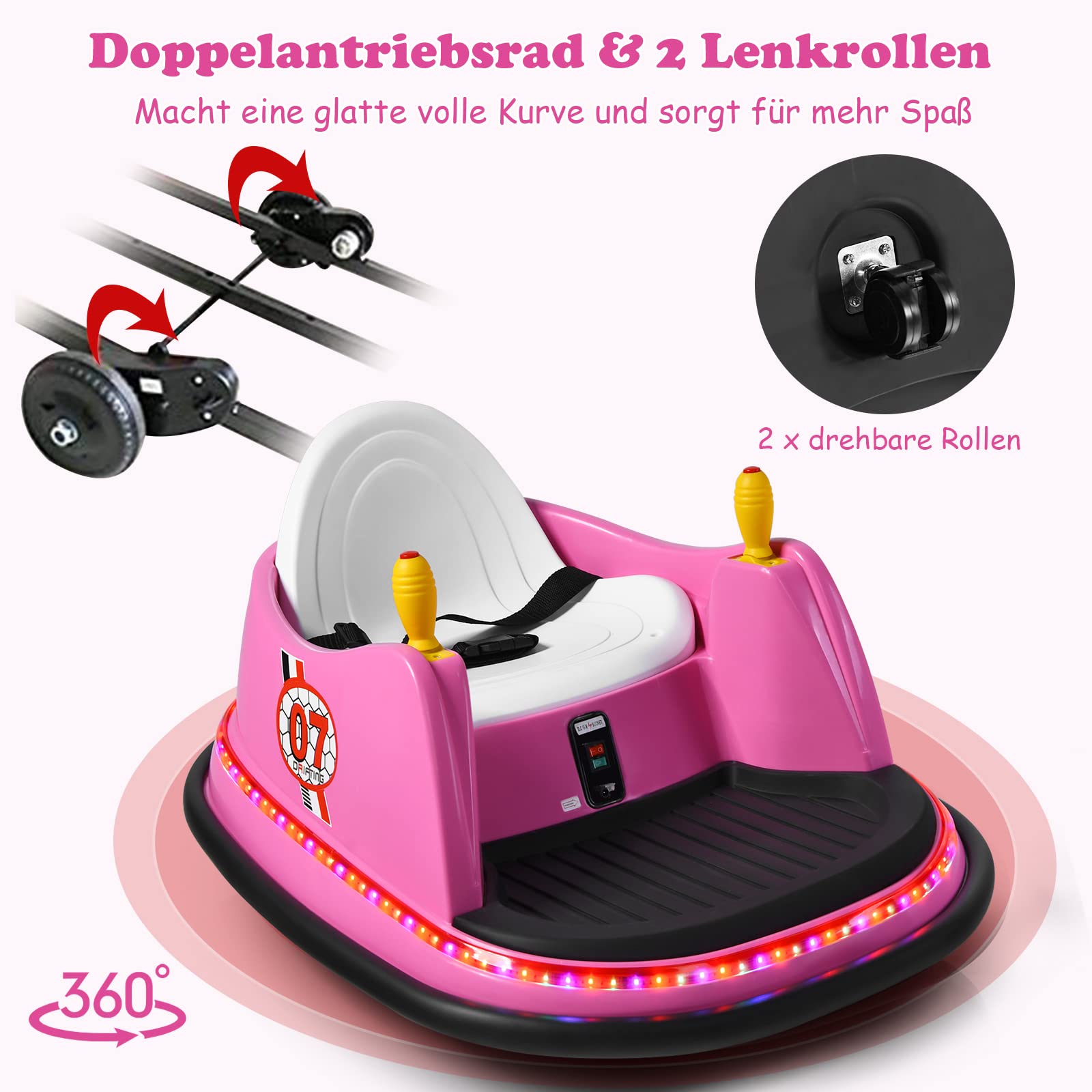 GOPLUS 6V Elektro Autoscooter mit 2,4 GHz Fernbedienung, Kinderfahrzeug 360 Grad, mit bunten Lichtern, EIN-Tasten-Start, Sicherheitsgurt, Musik, Hupe, für Kinder von 2-5 Jahren, bis zu 2km/h (Rosa)