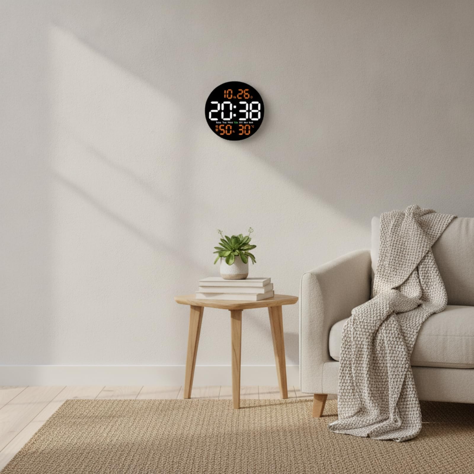 Orologio da Parete Soggiorno Digitale LED Calendario Sveglia Attiva Termometro Igrometro Display Chiaro Corpo in Plastica Adatto per Salotto Camera da Letto Studio Ufficio
