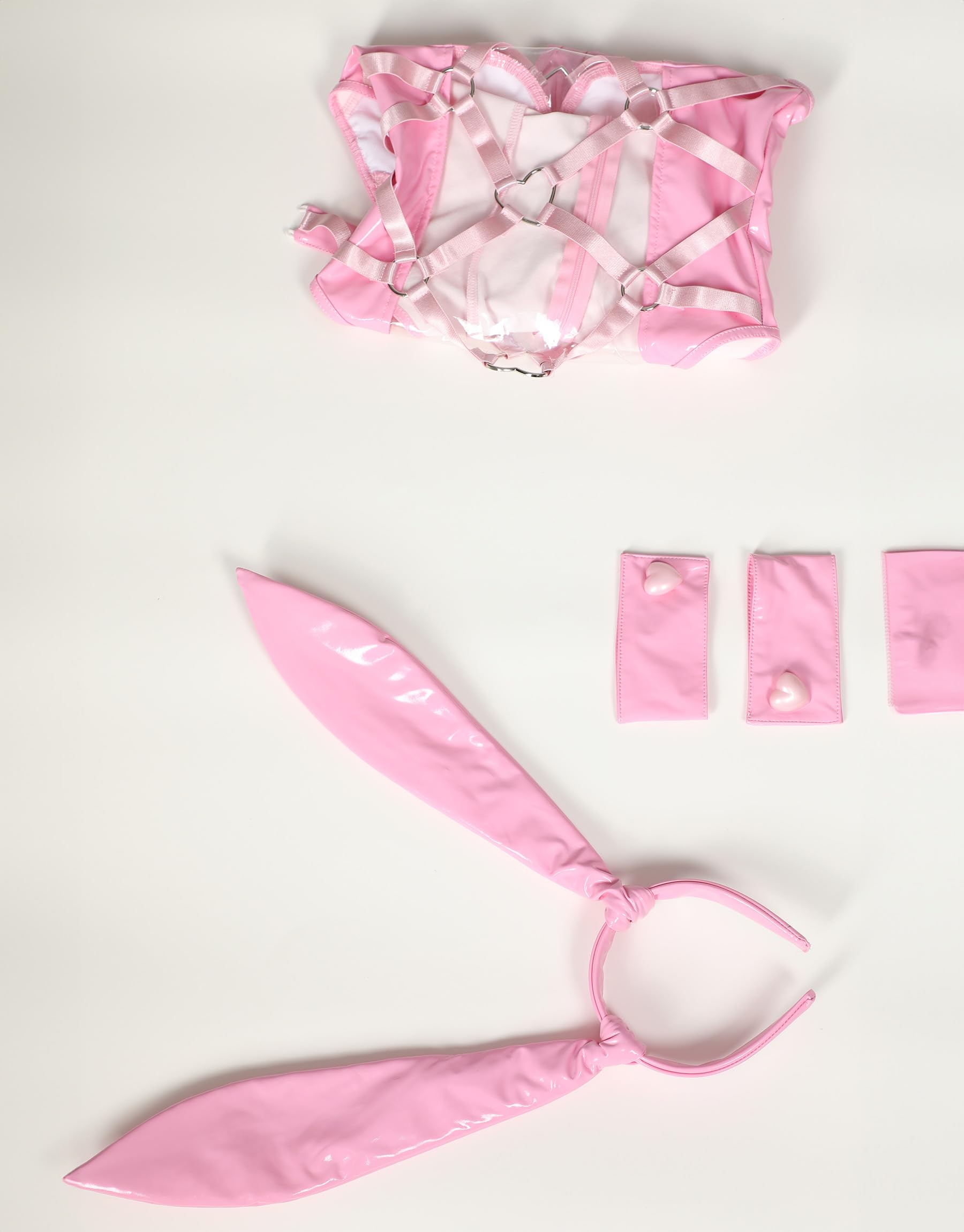 Mobbunny Women's Pink Bunny Girl Costume Heart Ring linked Bondage Lingerie Set Transparent Bodysuit: Small Pink