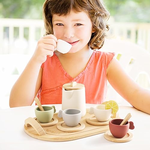 Miniatura 6 de Juego de té para niñas pequeñas, juego de té de madera, juegos de té de princesa para niños, el mejor regalo para niños pequeños con tazas de tetera