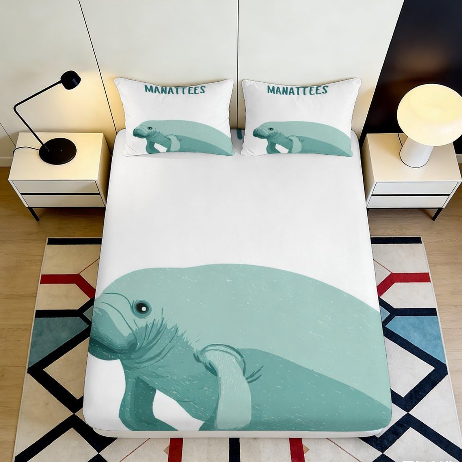 3D Printed Manatee Ocean Fitted Sheet Microfiber Soft Mattress Cover for Bedroom Guest Room Decor Protection 90x200x25cm