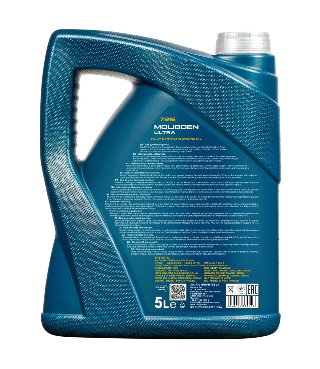 MANNOL 7916 Molibden Ultra 5W-30 Motoröl für Benzin & Dieselmotoren, 5L
