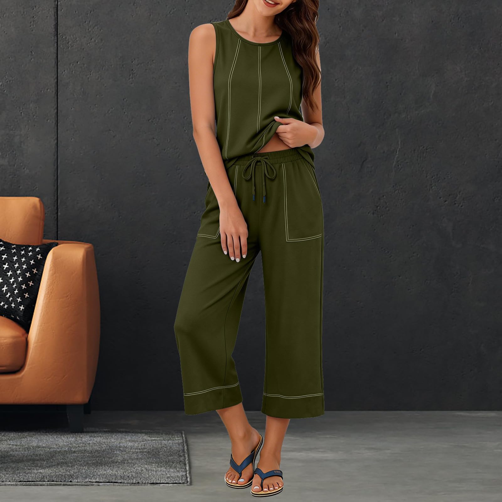 Traje de verano de dos piezas para mujer, sin mangas, monocolor, ropa de ocio, cómodo conjunto de camiseta y pantalones