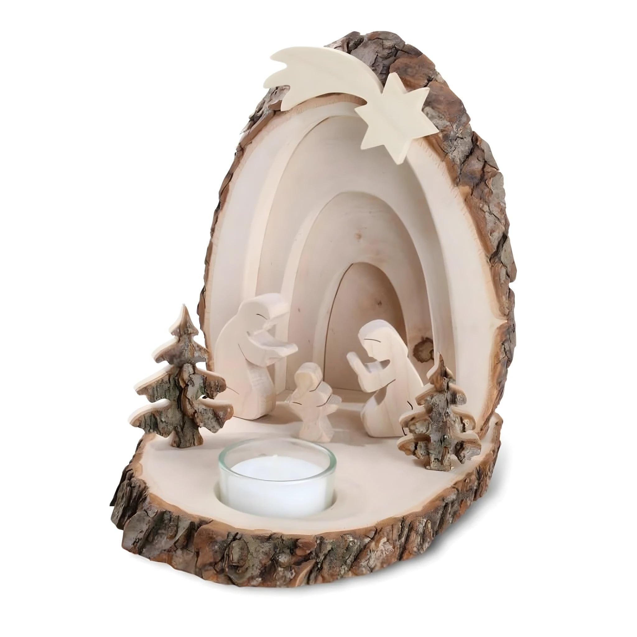 Dolfi Bark Nativity Scene with Tealight Holder 15 cm x 18 cm 15 cm Natural Wood in Val Gardena | Figurine Nativity Scene