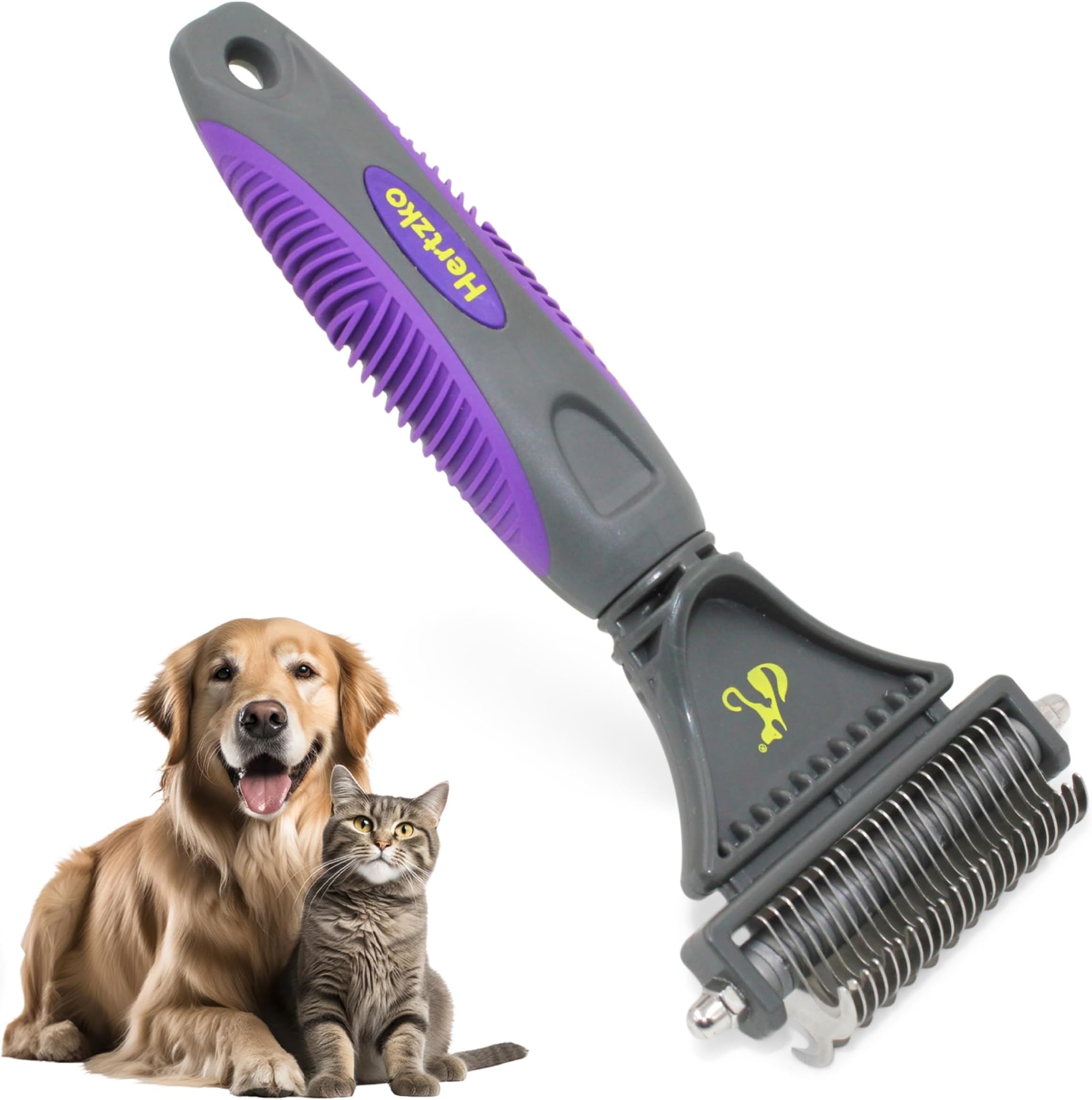 Hertzko Double-Sided Dog and Cat Dematting Comb: Pet Grooming Tool for Removing Loose Undercoat, Mats, and Tangled Hair - Doodle Dematting Comb, Self-Cleaning (Purple)