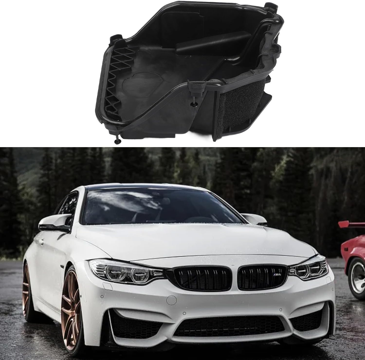 Blower Motor Housing Cover with Filter, shown with a white BMW M series car in the background.