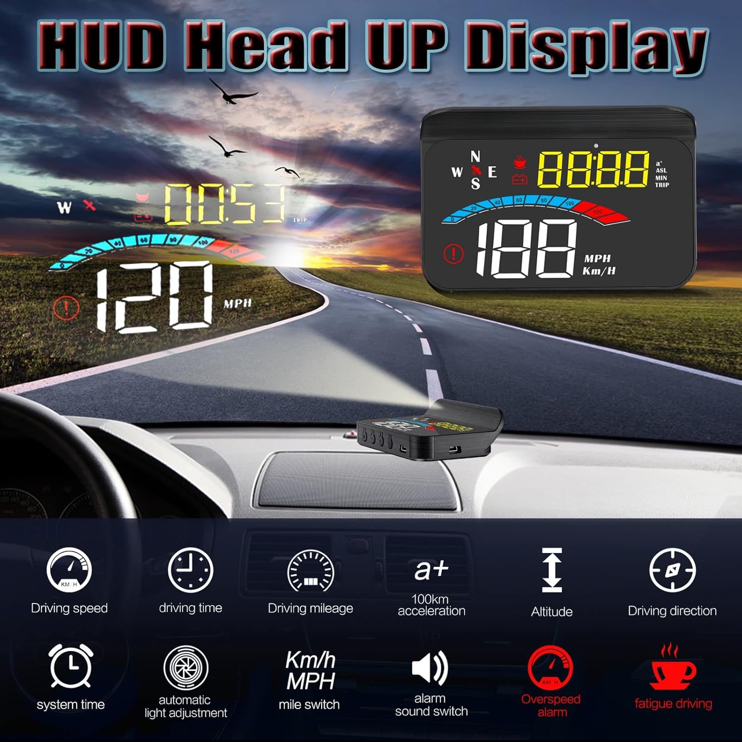 iKiKin M16 HUD displaying various driving data icons: speed, driving time, mileage, 100km acceleration, altitude, driving direction, system time, automatic light adjustment, Km/h-mile switch, alarm sound switch, overspeed alarm, fatigue driving.