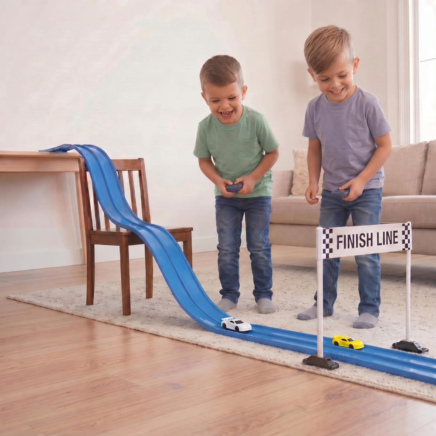 Flexible Race Track for Kids – Friendly Racing Competition, Double-Sided 1 & 2 Lane Track, Roll-Up Design with Anchors, Build, Race & Win Fun, (No Cars Included) - Blue Track