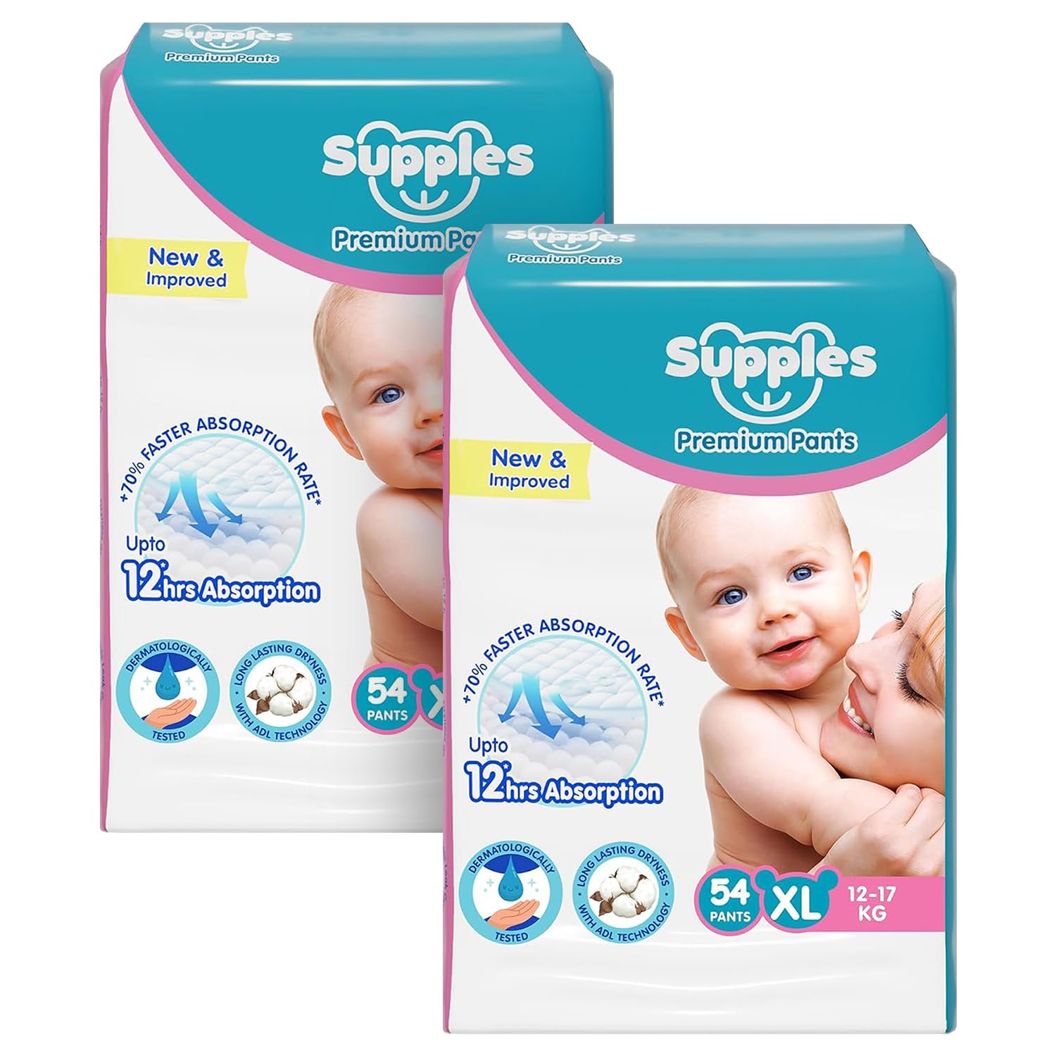 Amazon Brand - Supples Premium Baby Diaper Pants | 108 Baby Diapers | XL | 12-17 Kg | 54 x 2 Packs | 12 Hrs Absorption | Cushiony Cotton Soft Fabric | Phthalates-Free | Triple Leak Guard