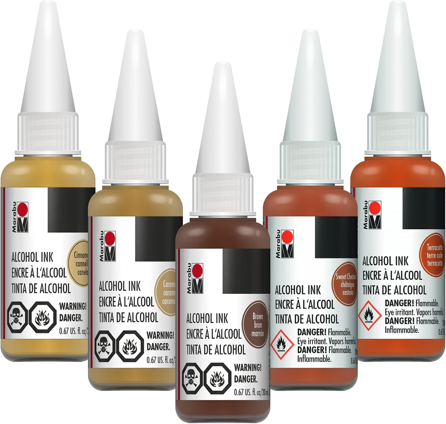 Marabu Brown Alcohol Ink Set - Brown, Cinnamon, Sweet Chestnut, Terracotta, and Caramel Alcohol Ink for Epoxy Resin, Tumbler Making, Alcohol Ink Paper - Large 0.68 Ounce Inks, 5 Colors Pack